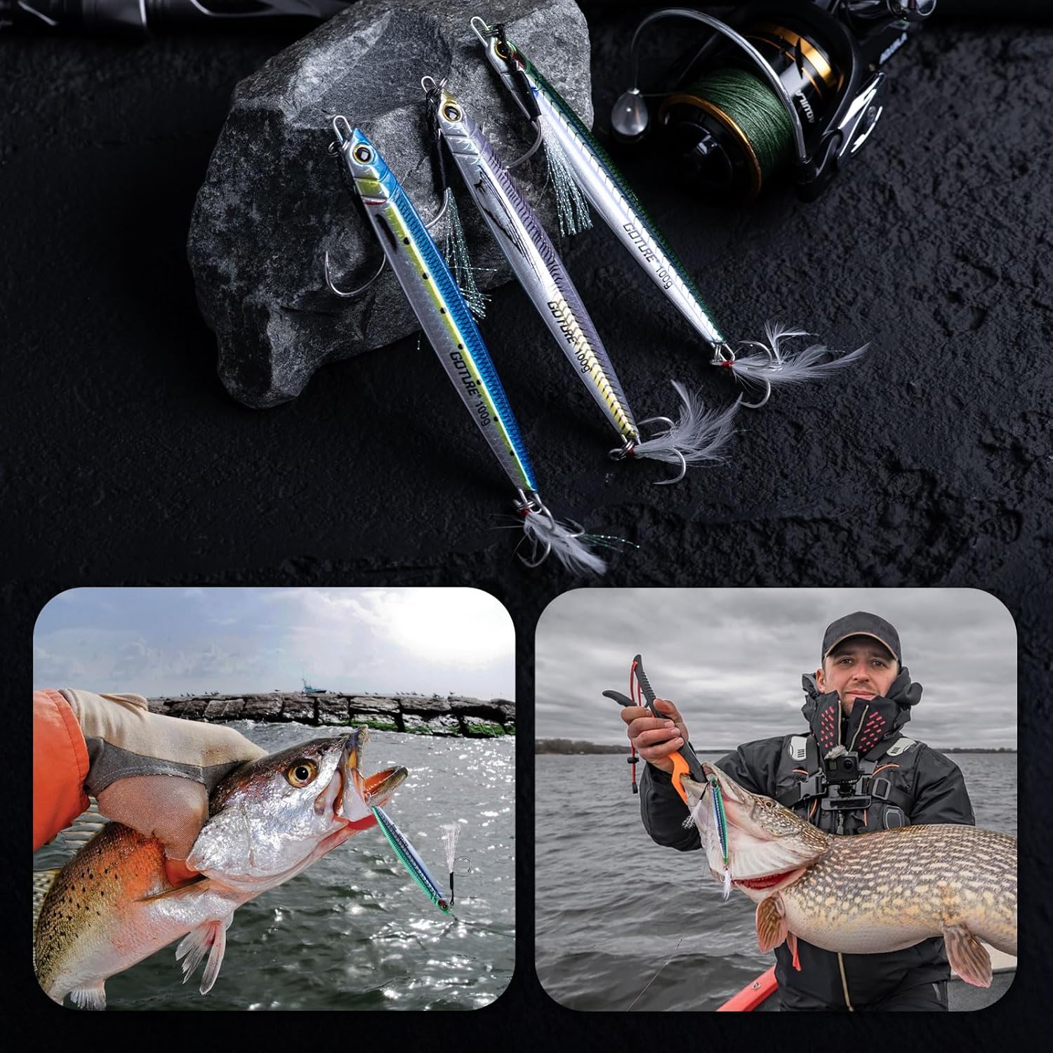 Goture Fishing Jigs,60g 80g 100g 120g Vertical Jig Saltwater, Jig Fishing Lures with Assist Hook and Treble Hook,Deep Sea Jigging Spoon Lures,Speed Fast Fall Jigs for Tuna,Salmon,Bass,Kingfish
