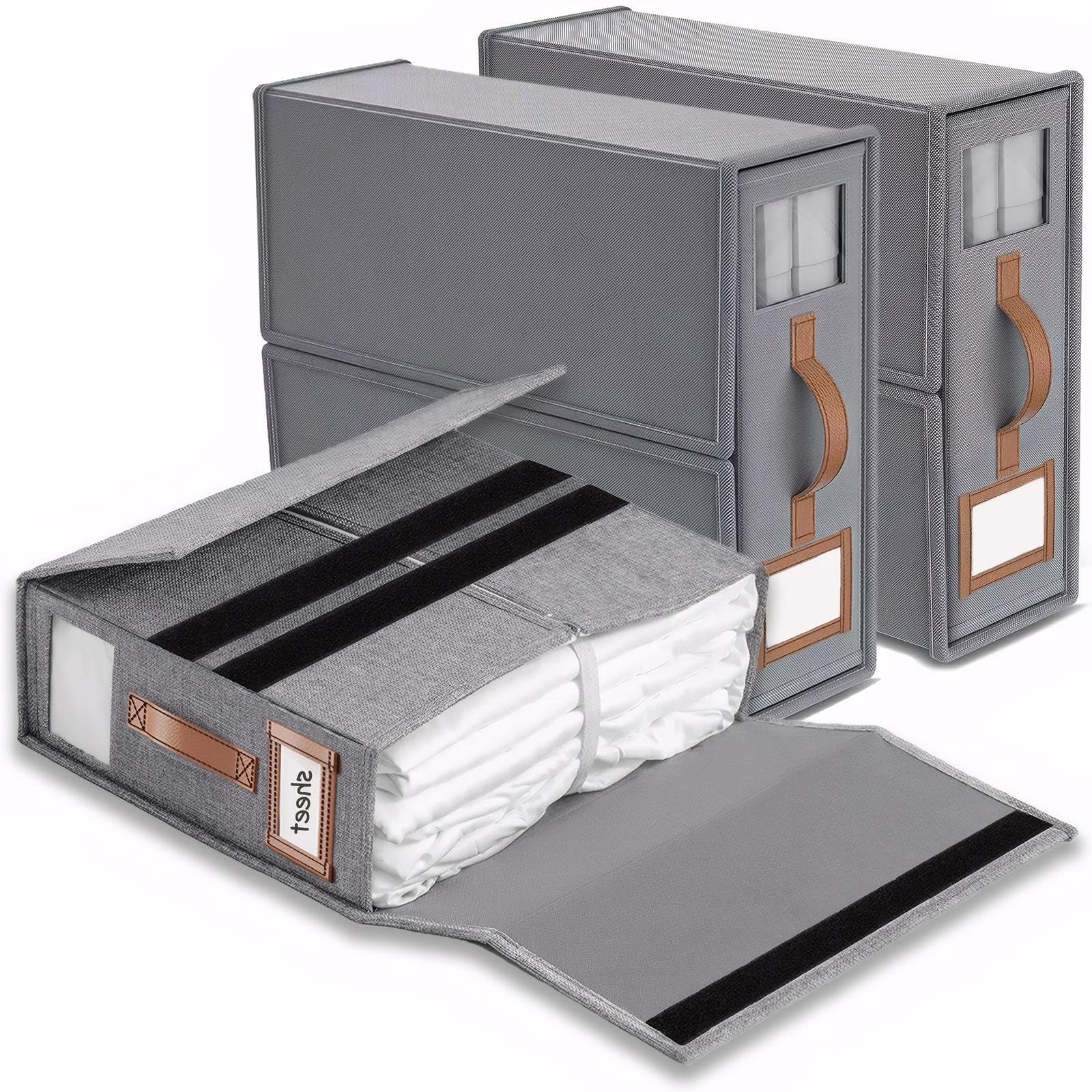 bubooo Lino Organizer Lenzuola per Armadio, 3 Scatola Organizer per Biancheria Pieghevole con Cerniera e finestra, Scatole Per Rigide da Letto per Lenzuola, Copripiumini, Vestiti e Coperte, Grigio