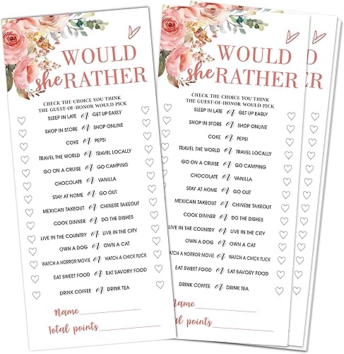 Edykiar Bridal Shower Game Would She Rather - 4x9 in Floral Bridal Shower Game Cards for 25 Guests - Engagement Bachelorette Party Activity for Guests - Wedding Party Favors and Supplies-B02