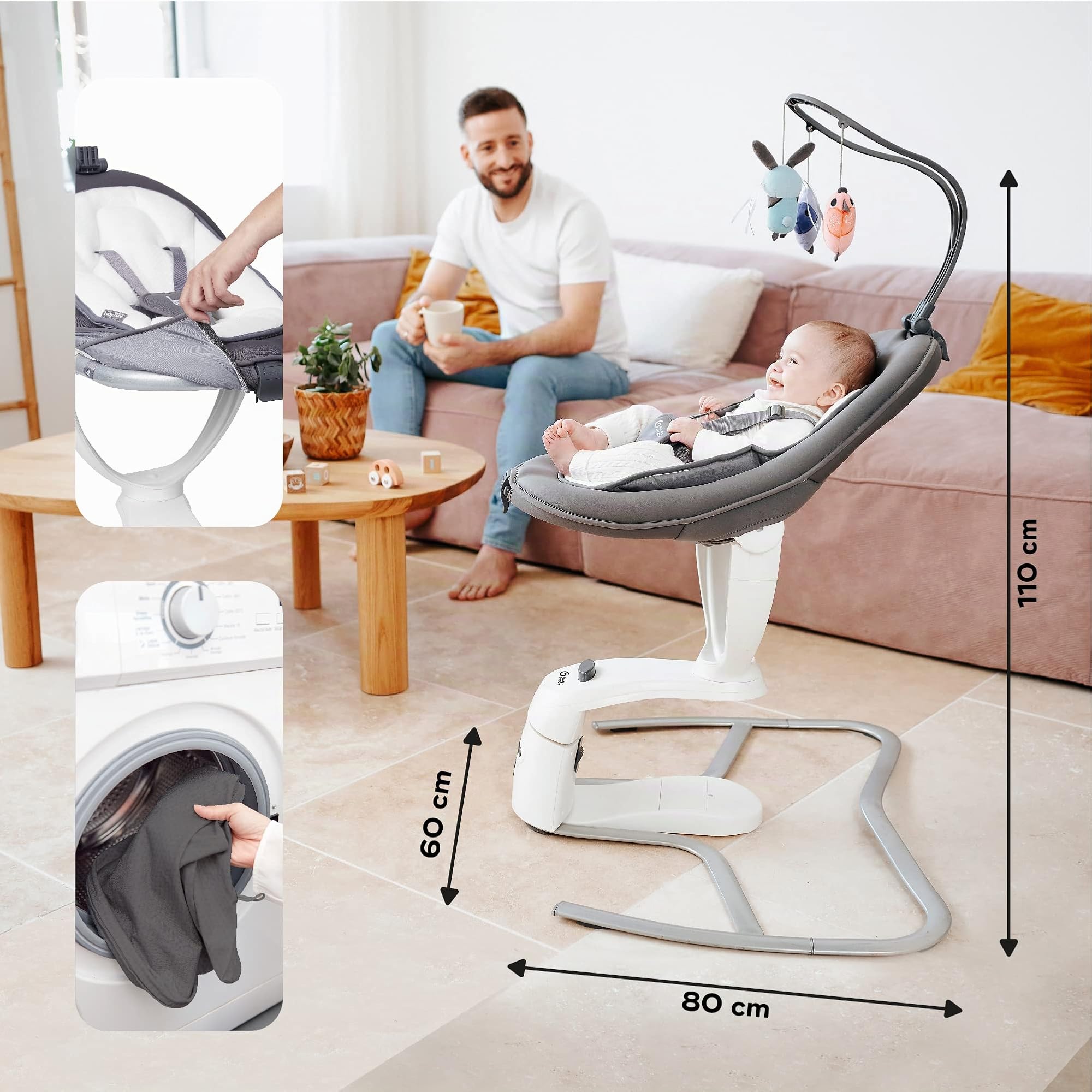 Babymoov Balancelle éléctrique bébé Swoon Motion Zinc - Assise rotative 360° - 5 vitesses de balancement - Réducteur nouveau-né & Arche de jeux inclus - 8 Berçeuses