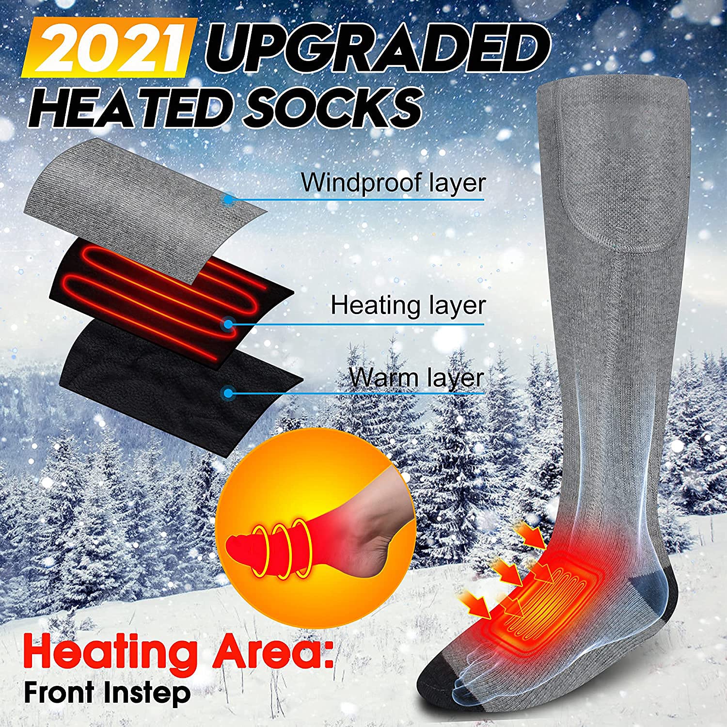 Chaussettes chauffantes pour Hommes et Femmes, 3 réglages de Chauffage Chaussettes chauffantes Thermiques améliorées avec Batterie 4000 mAh Chauffant la Semelle, Le Cou-de-Pied et Le Talon