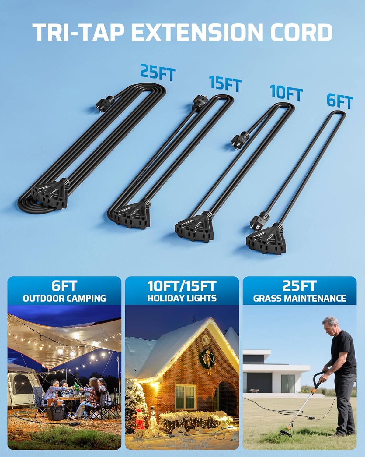 DEWENWILS 15FT Outdoor Extension Cord, Tri-Tap Extension Cord Splitter, 3 Outlet 16/3 SJTW Power Cable for Landscape Lighting String Lights, 13A/125V/1625W, ETL Listed, Black, 1 Pack