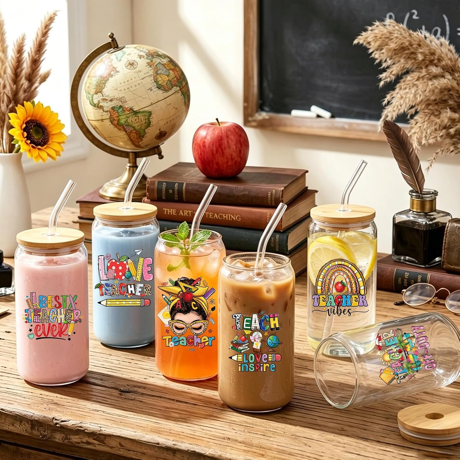 6 Pcs Teacher Appreciation Cups, 16 oz Glass Cups with Lids and Straws for Teachers, Thank You Appreciation Gifts for Teacher Graduation Gift