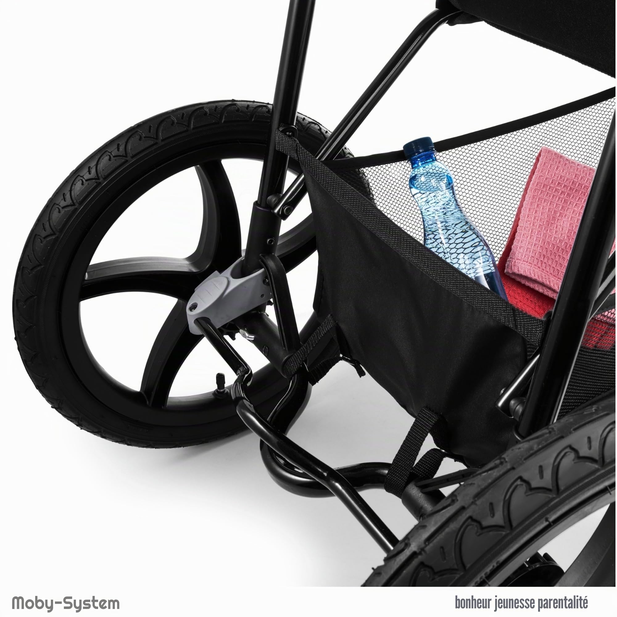 Moby-System Runner Mountain Poussette 3 Roues Pliable Compacte - Ceinture 5 Points, Panier de Rangement, Toit Réglable avec Fenêtre - Pour Enfants jusqu'à 15 kg - Noir
