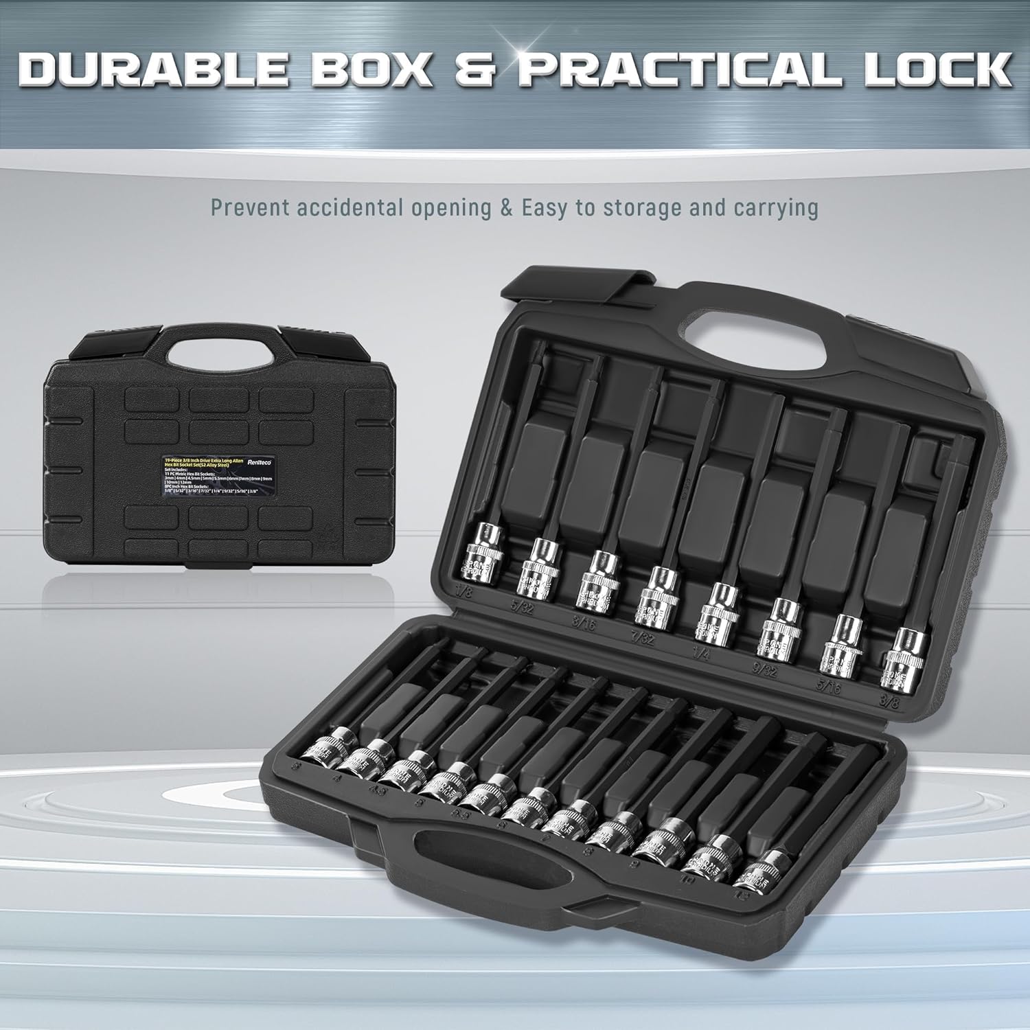 ALOANES 3/8 Inch Drive Extra Long Allen Hex Bit 19 PCs Socket Set, Standard SAE (1/8" - 3/8"), Metric(3mm-12mm)