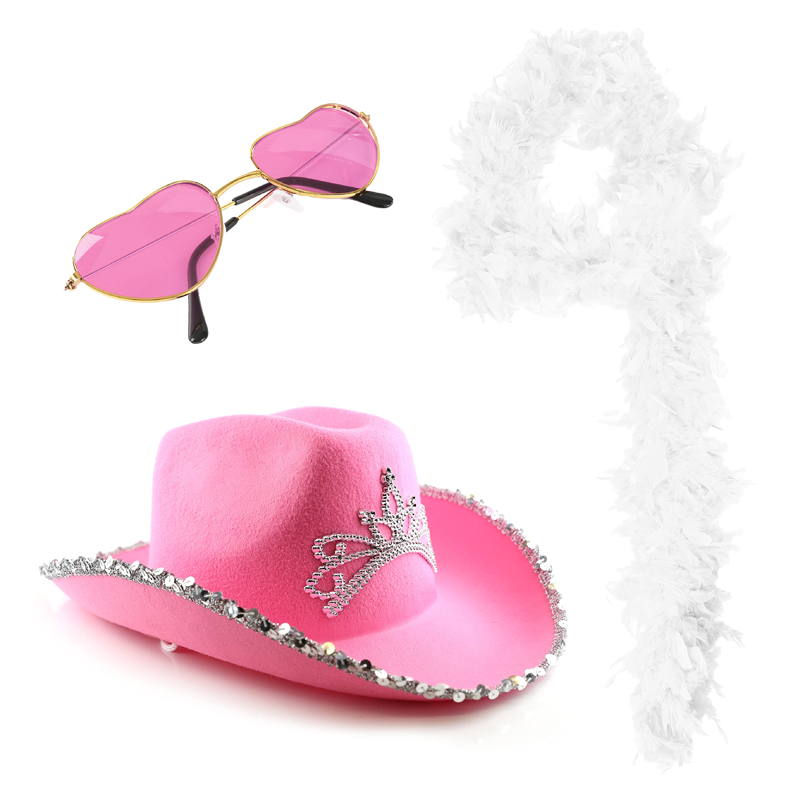 Together Tour Accessory Set - Pink Cowboy Hat with Tiara, 80g White Feather Boa, Pink Heart-Shaped Sunglasses - Adults Pop Styles Icon Concert Fancy Dress Costume