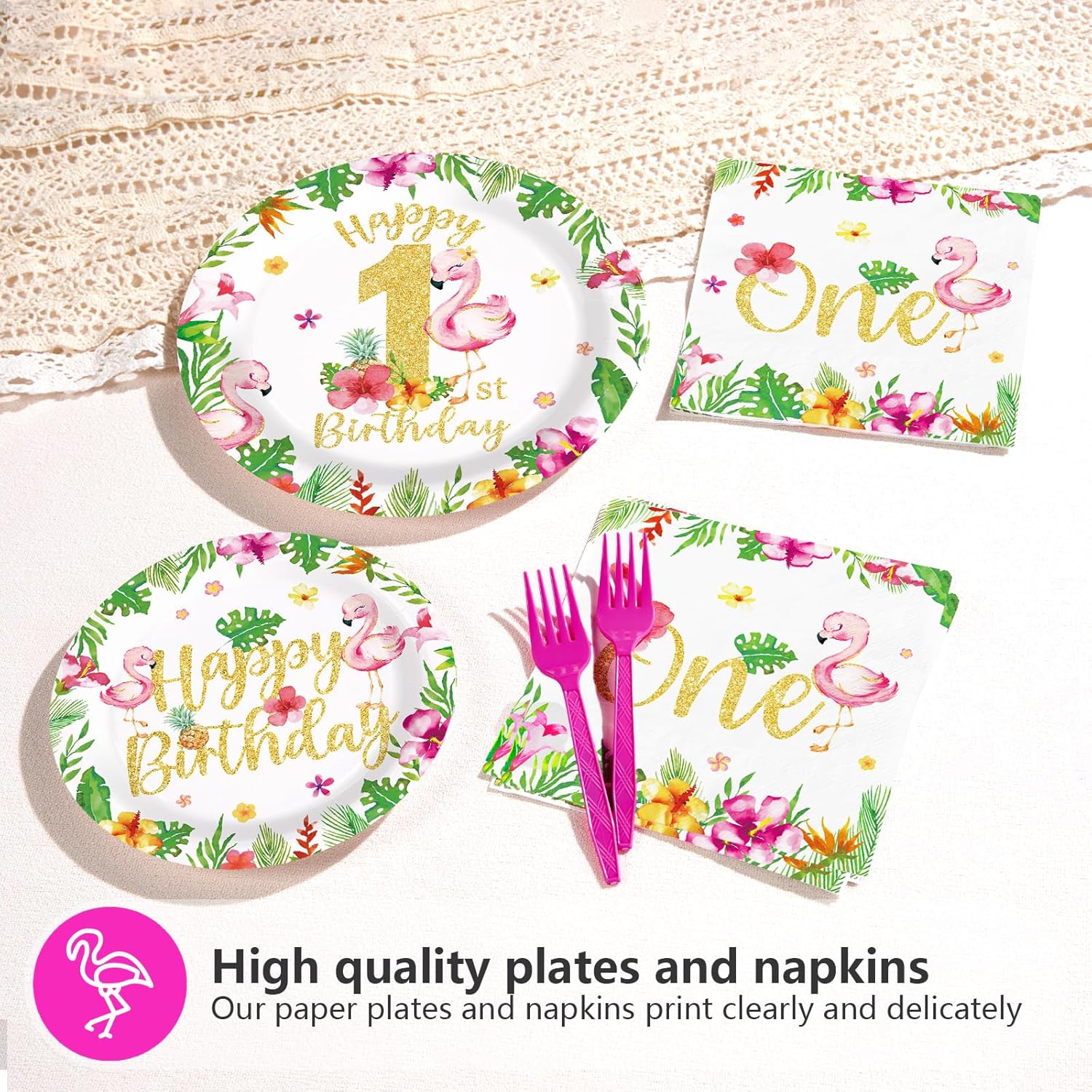 96 Pcs Flamingo 1st Birthday Party Supplies Disposable Flamingo Plates and Napkins Tableware Set Luau Tropical Hawaiian Party Decor for Summer Girls Kids One Year Old Birthday Party Serves 24