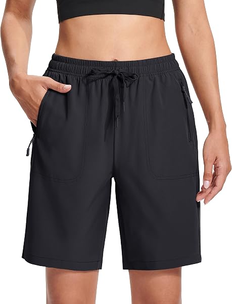 Close-up of the MAGCOMSEN Women's Athletic Shorts showing the secure zippered pocket detail.