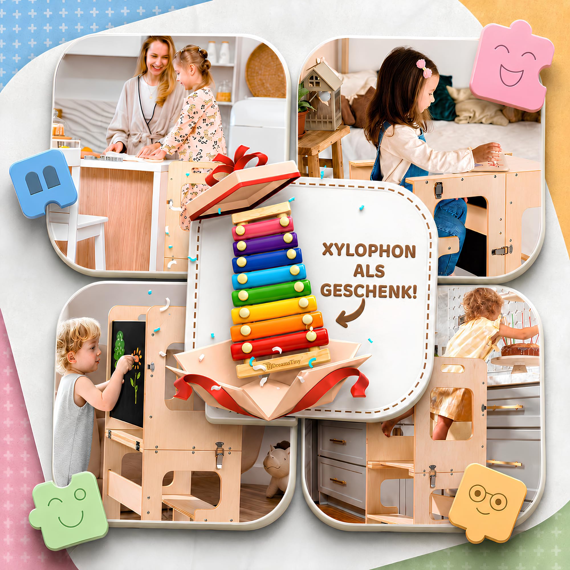 Lernturm ab 1 Jahr Klappbar 3-in-1, Lernturm mit Rausfallschutz | Inklusive Xylophon, Malbuch, Buntstiftbox, Schneidewerkzeug und Montageset, Lernturm Klappbar, Montessori Learning Tower