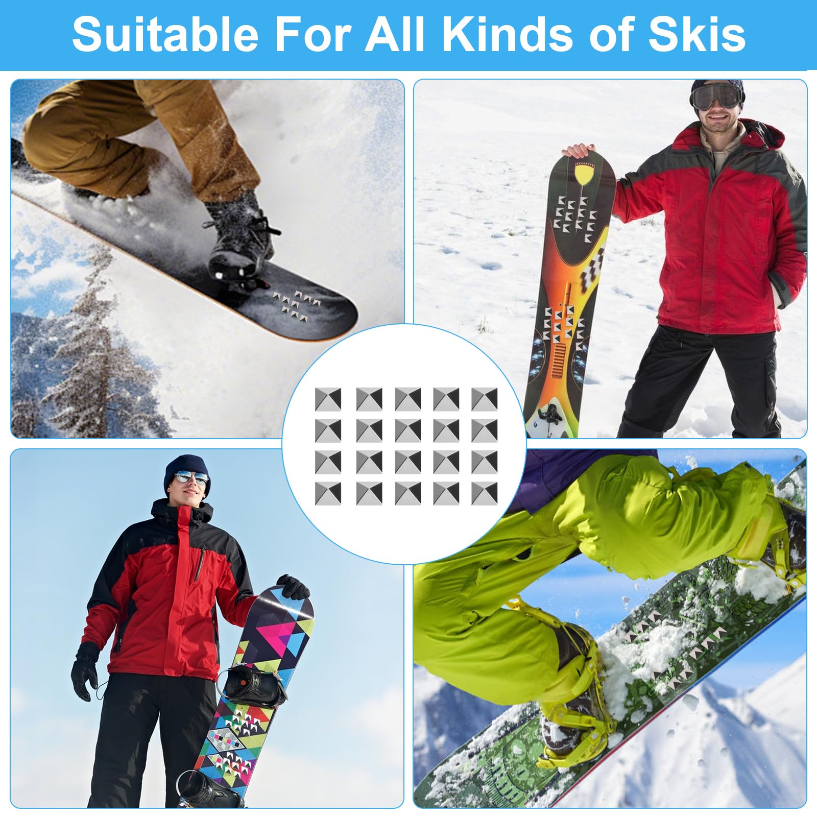 20 sztuk samoprzylepnych podkładek do jazdy na nartach i snowboardzie 3D, samoprzylepne kolce snowboardowe, wyściółka na pedały, dodatkowa wyściółka, akcesoria narciarskie, kolor srebrny
