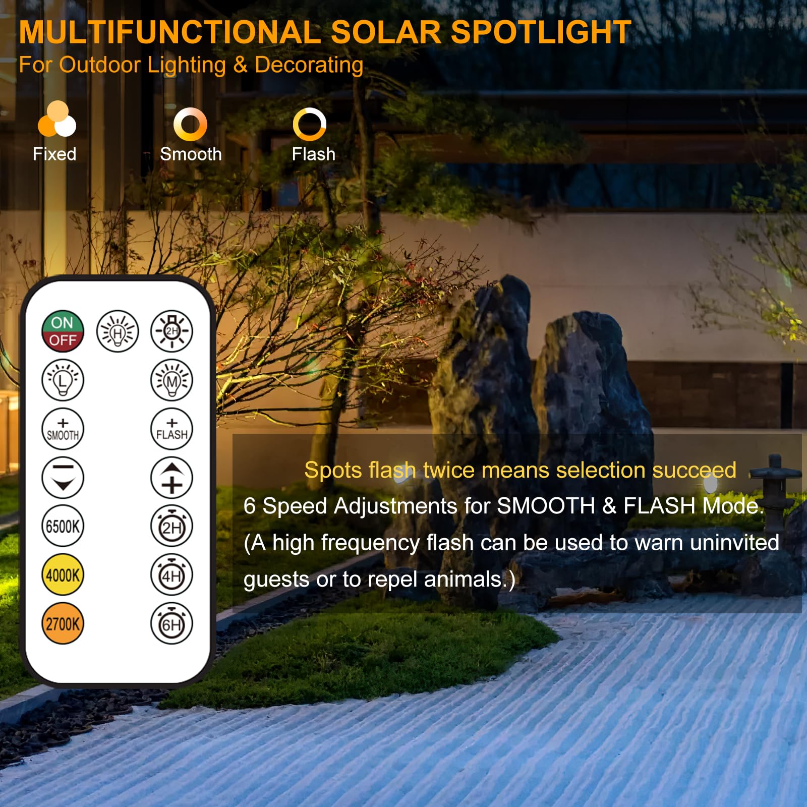 MEIKEE Faretti Solari Esterno, 6 in 1 Faretto Solare LED da Esterno Impermeabili IP66, 6W 6000mAh Luci Solari con Telecomando 2500K-6500K Dimmerabile 3 Luminosità 3 Modalità per Patio Prato Giardino