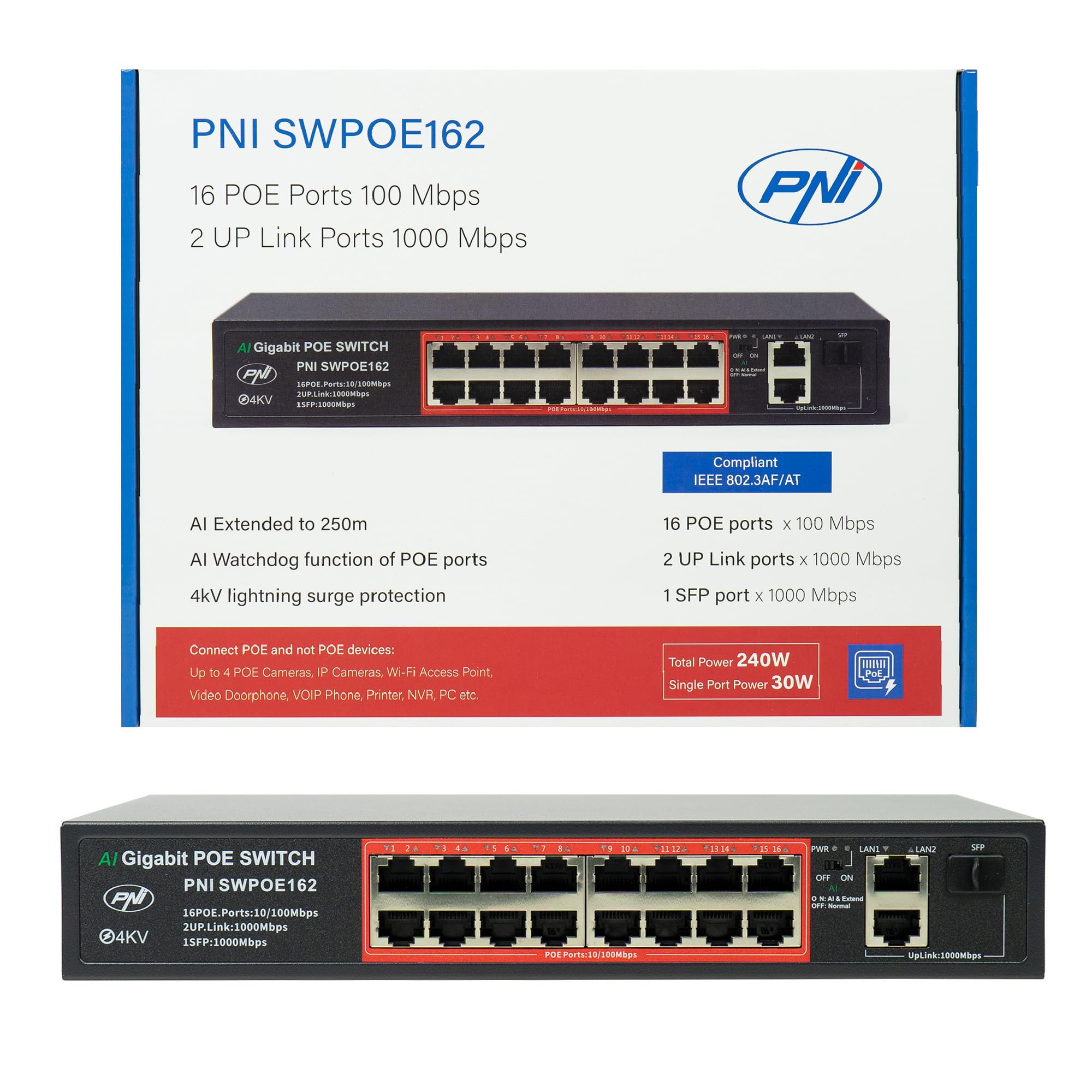 Conmutador PoE PNI SWPOE162, 16 Puertos PoE de 100 Mbps, 2 Puertos UP Link de 1000 Mbps, 1 Puerto SFP de 1000 Mbps, 240 W, función AI Extend hasta 250 m, protección contra Rayos de 4 kV