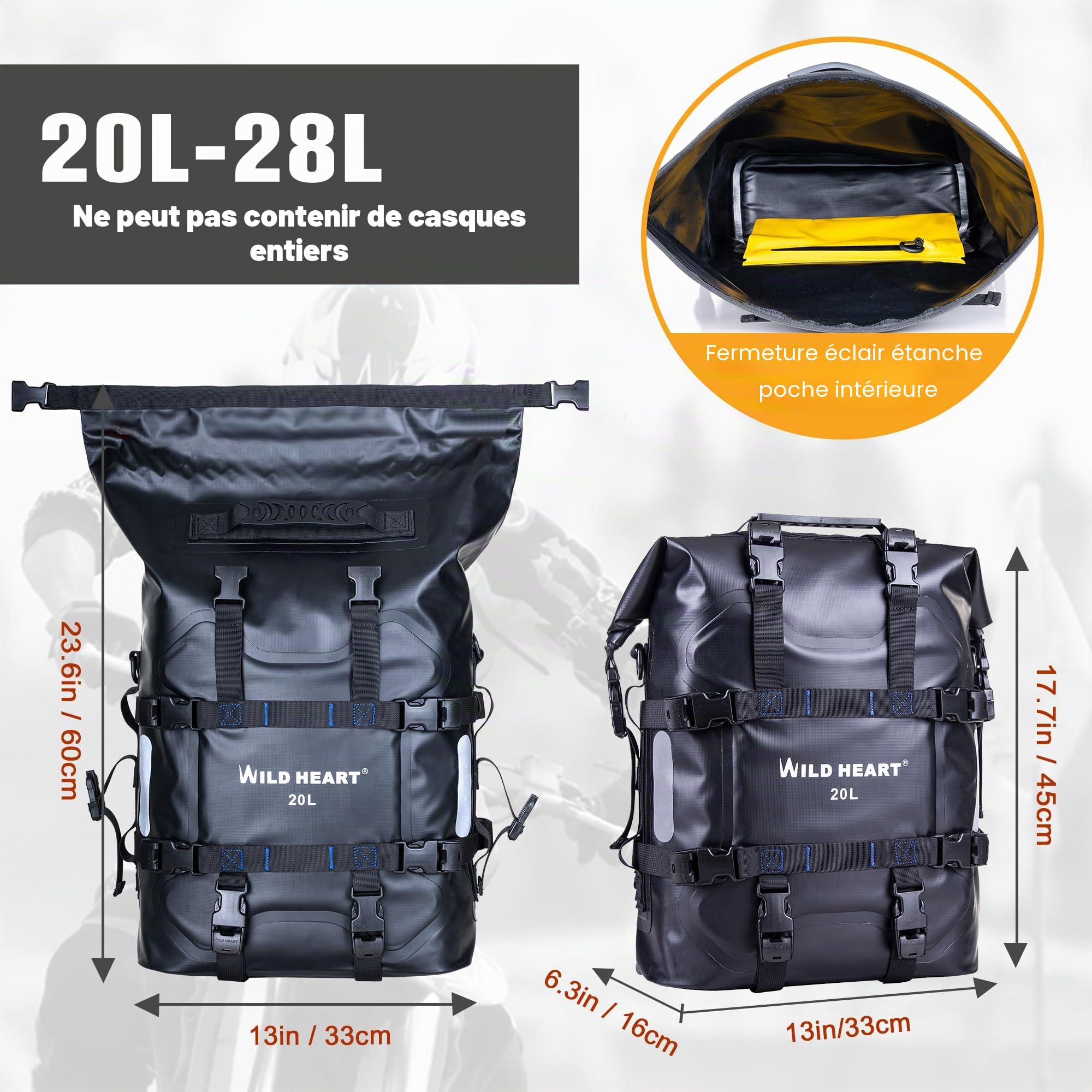 WILD HEART Sacoche latérale de Moto Suspension en Acier Inoxydable Sac étanche Sacoche de Selle 20L/25L Sac étanche Pianner Bag Résistant à l'usure Accessoires de Moto D'usage (Noir, 20l,One Pcs)