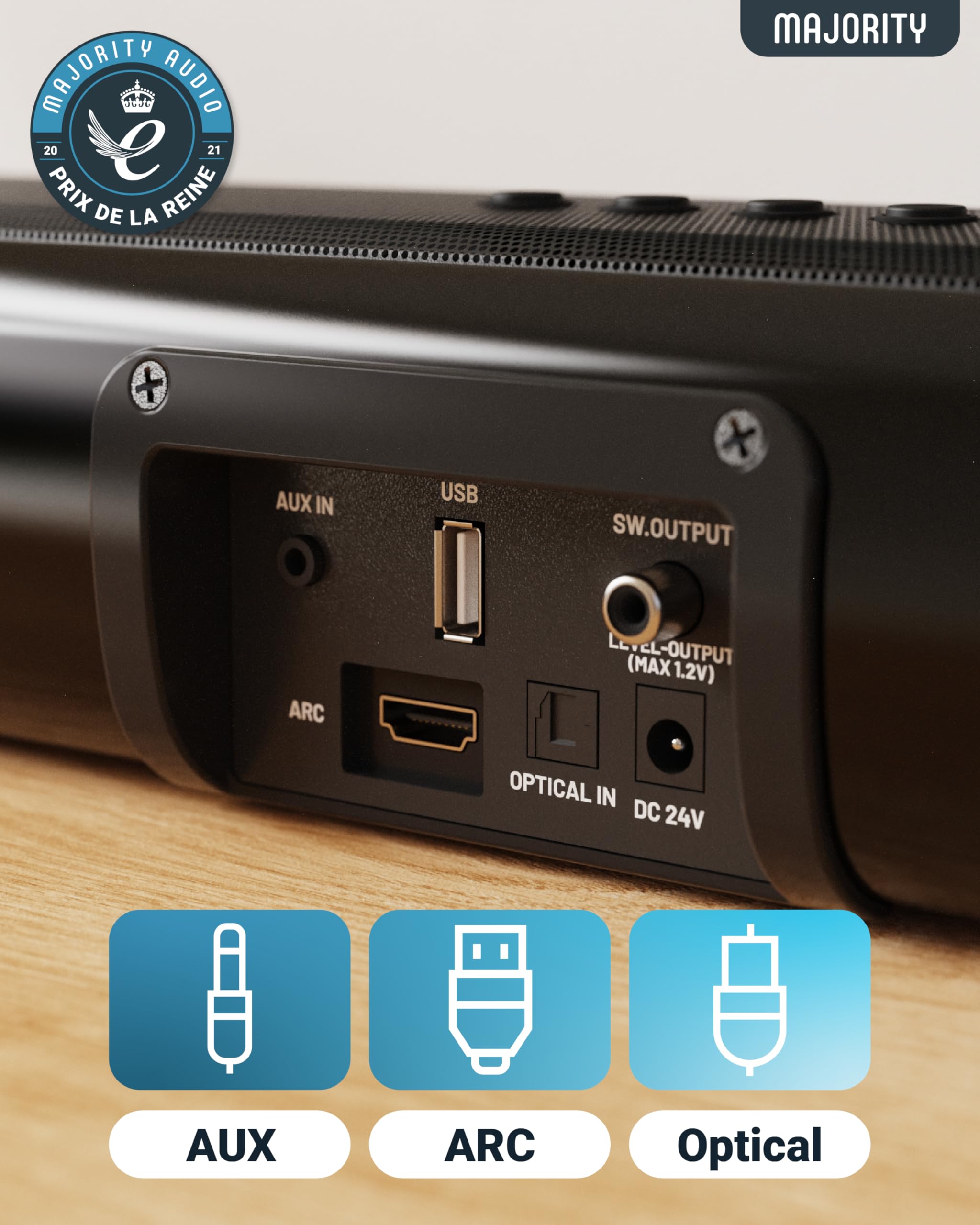 Majority Barre de Son TV Bluetooth, Home Cinema, 120W 2.1 Enceinte TV | 2.0-2.2 Subwoofer | 80W-300W Soundbar Montage Mural, HDMI ARC, Opt, AUX, USB, Télécommande | Majority Naga 60 Barres de son