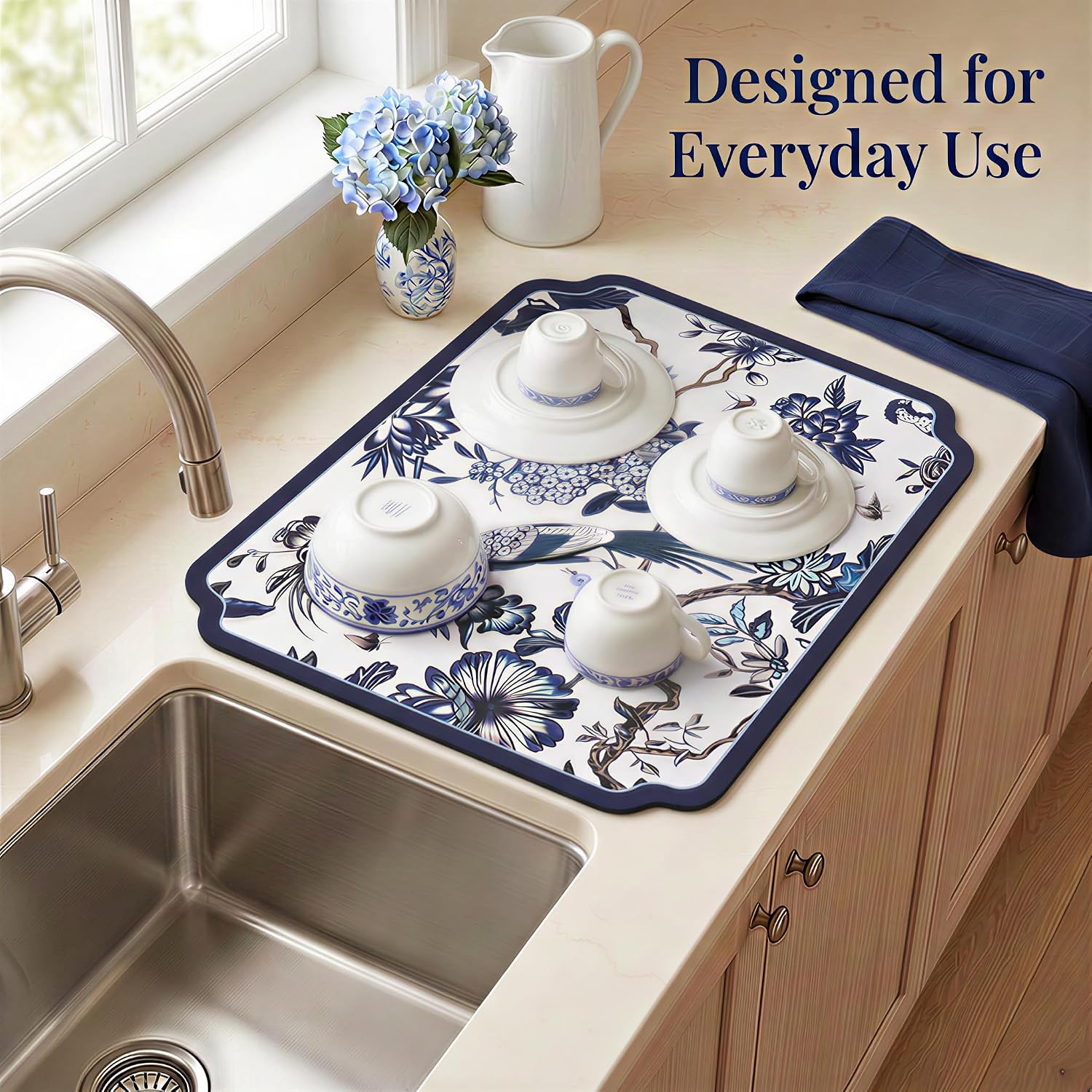 Dish Drying Mat for Kitchen Counter, Absorbent PU Kitchen Drying Mat, Chinese Style Decorative Dish Mat for Dishes, Cups & Coffee Bar, Washable Countertop Mat, 17"x31.6"
