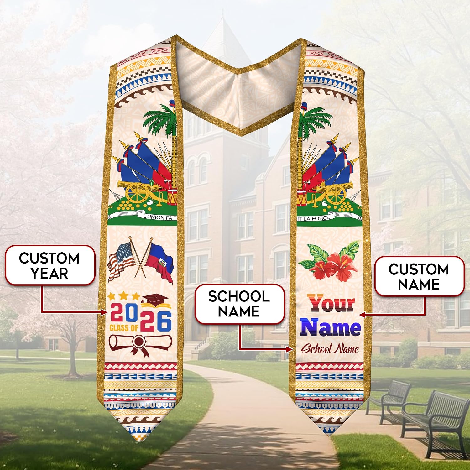 Custom Graduation Stole Haiti, Haitian Flag Stole, Haitian Sash, Custom Graduation Sash 2026, Class of 2026
