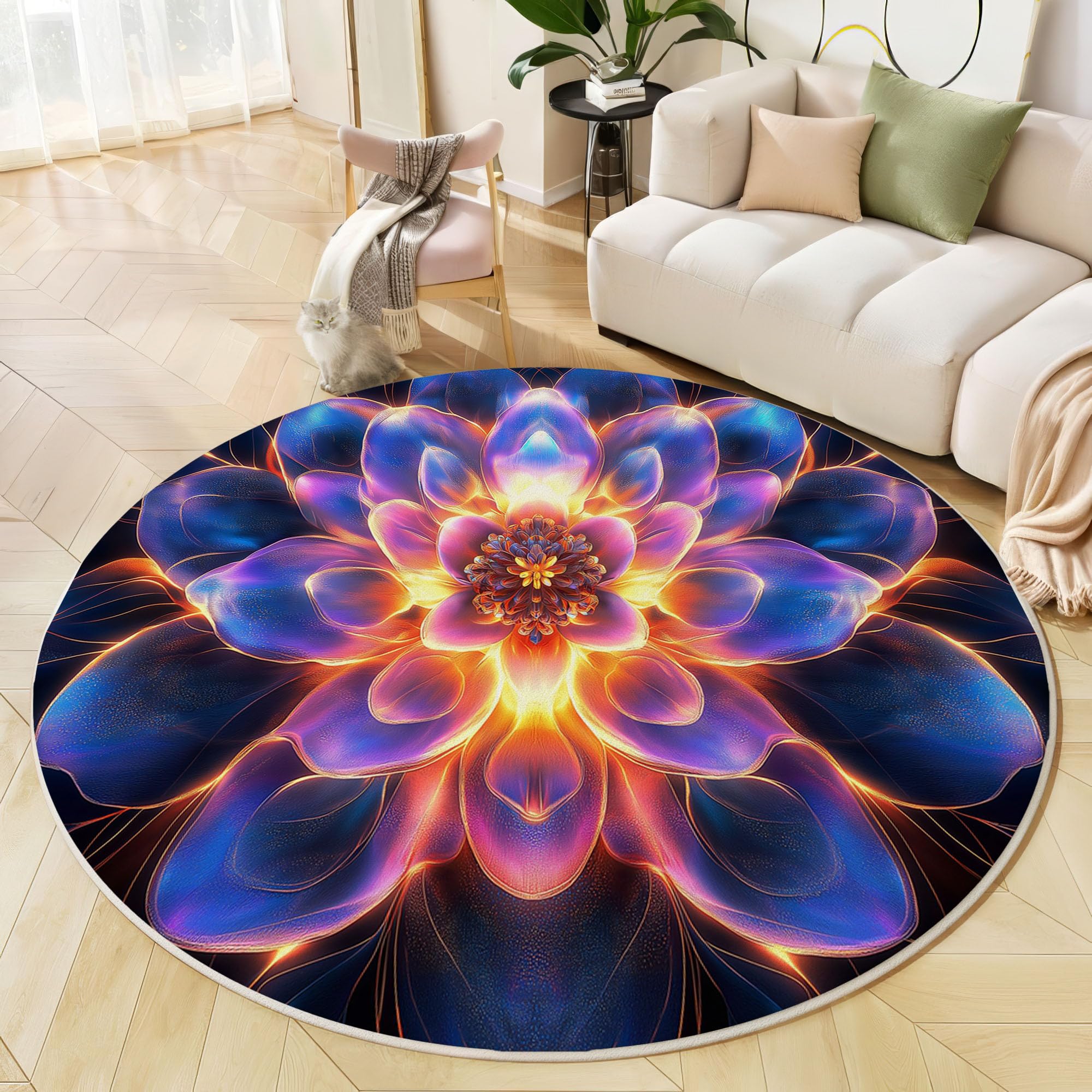 Tapis Rond 100cm, Microfibre Douce Tapis Circulaire Fantastique Art, Moquette Salon Chambre, Imprimés Brillant Mandala Antidérapant Lavable Moquette de Décoration, Bleu Violet