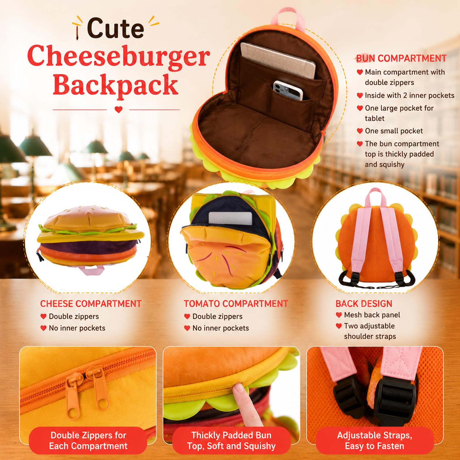 Zaino Cheeseburger con hamburger, portamonete e patatine fritte, 2 x Cheeseburger, Piccolo, Fashion