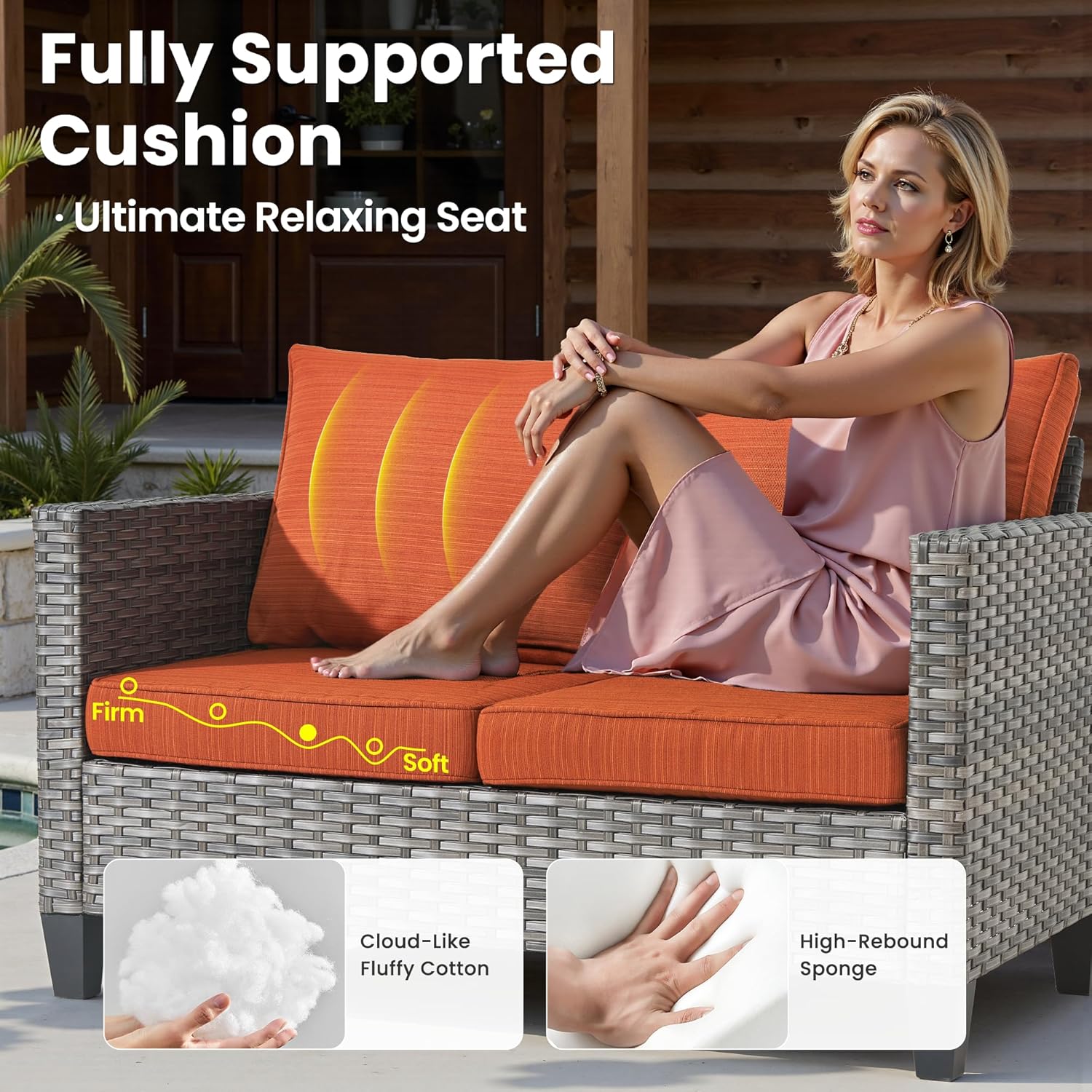 ovios Patio Loveseat, 2-Seater Outdoor Wicker Sofa Couch with Comfy Cushions, All Weather High Back Deep Seating Rattan Love Seat for Porch Deck Balcony, Orange Red