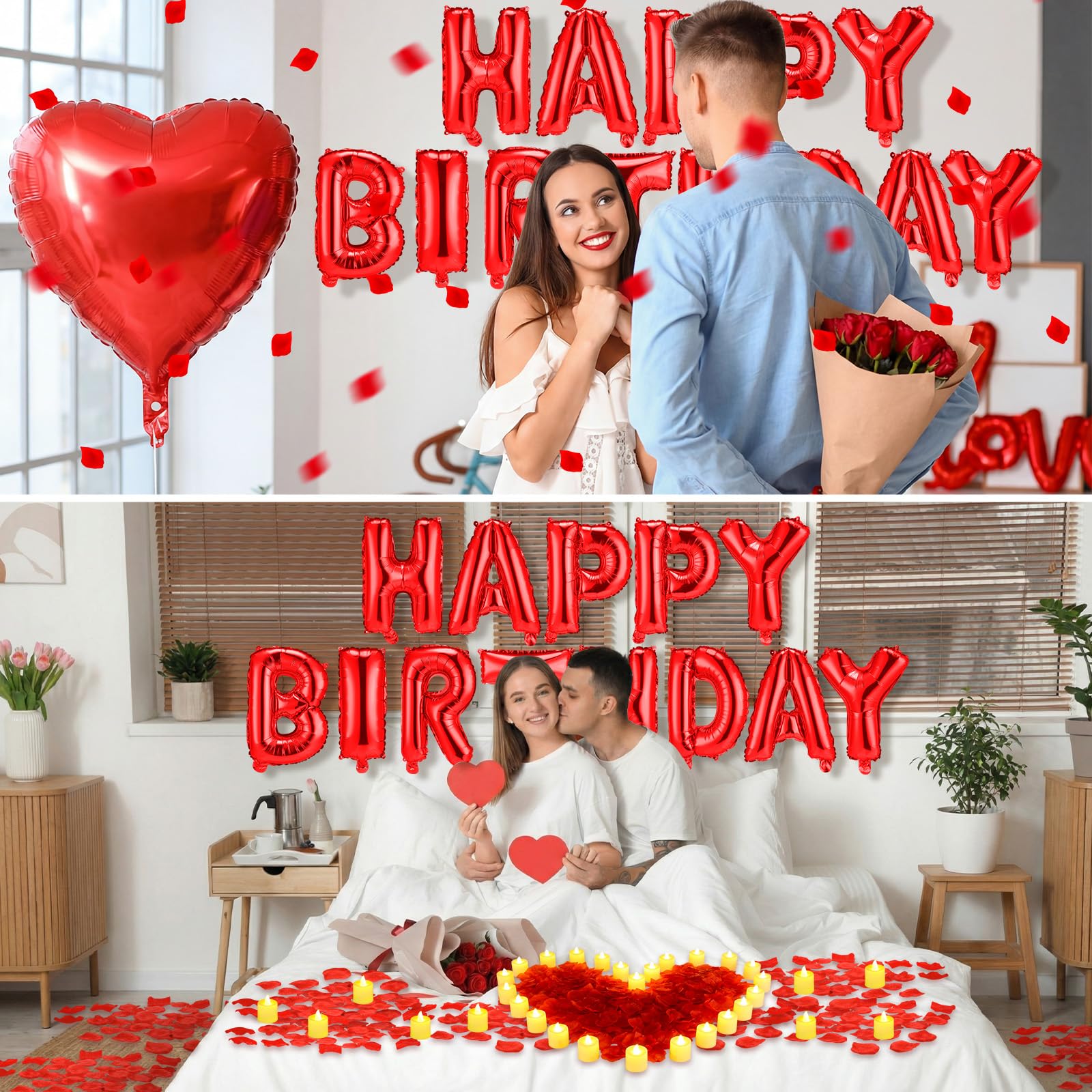 Czerwone balony Happy Birthday, zestaw banerów, 40 cm, foliowe litery z 24 diodami LED i 2000 szt. czerwonych płatków róży, dla dzieci, dorosłych, dekoracje urodzinowe, artykuły imprezowe