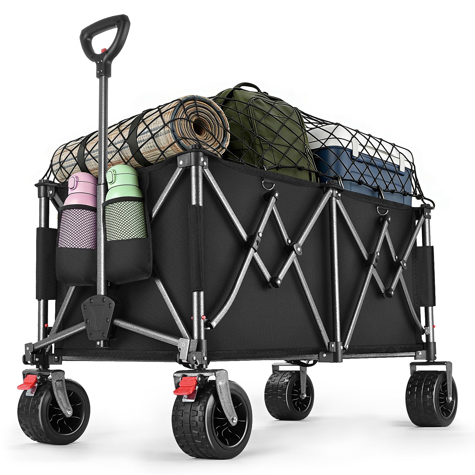 YEAUPE PRO Carrello Spiaggia Pieghevole con Ruote Portatutto, Grande Capacità, Doppi Freni, Doppia Forcella Rinforzata, Ruote Grandi, Manico Regolabile, Rete Elastica Inclusa, 250kg/255L, Nero