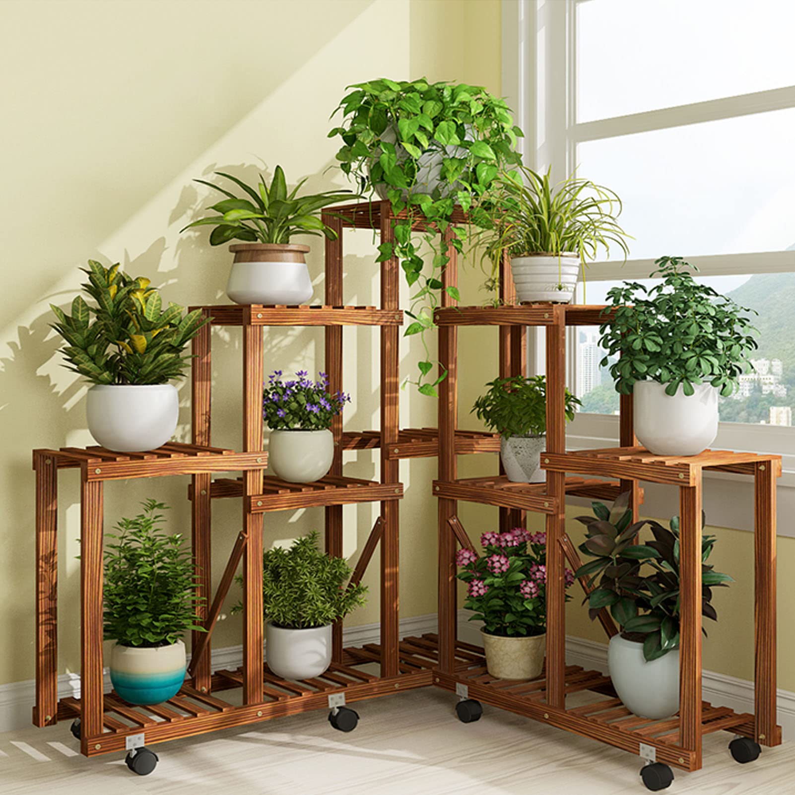 Stojak Na Rośliny, Wielopoziomowy Stojak Na Kwiaty, Stojak Na Rośliny, Drewniana Półka Na Bonsai, Balkon, Salon, Ogród, Patio, Biuro