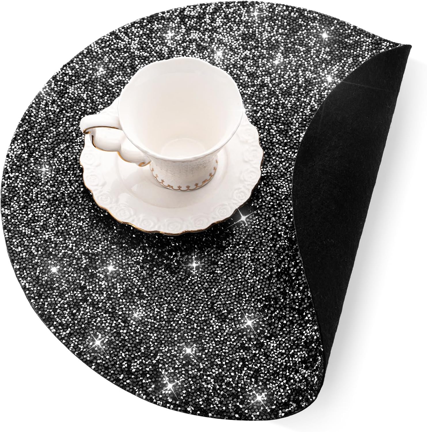 Black Rhinestone Placemats Set of 4, Sparkle Crushed Diamond Round Halloween Glitter Decoration Table Mat for Centerpiece Kitchen Table Party Tableware Decor 15 Inches