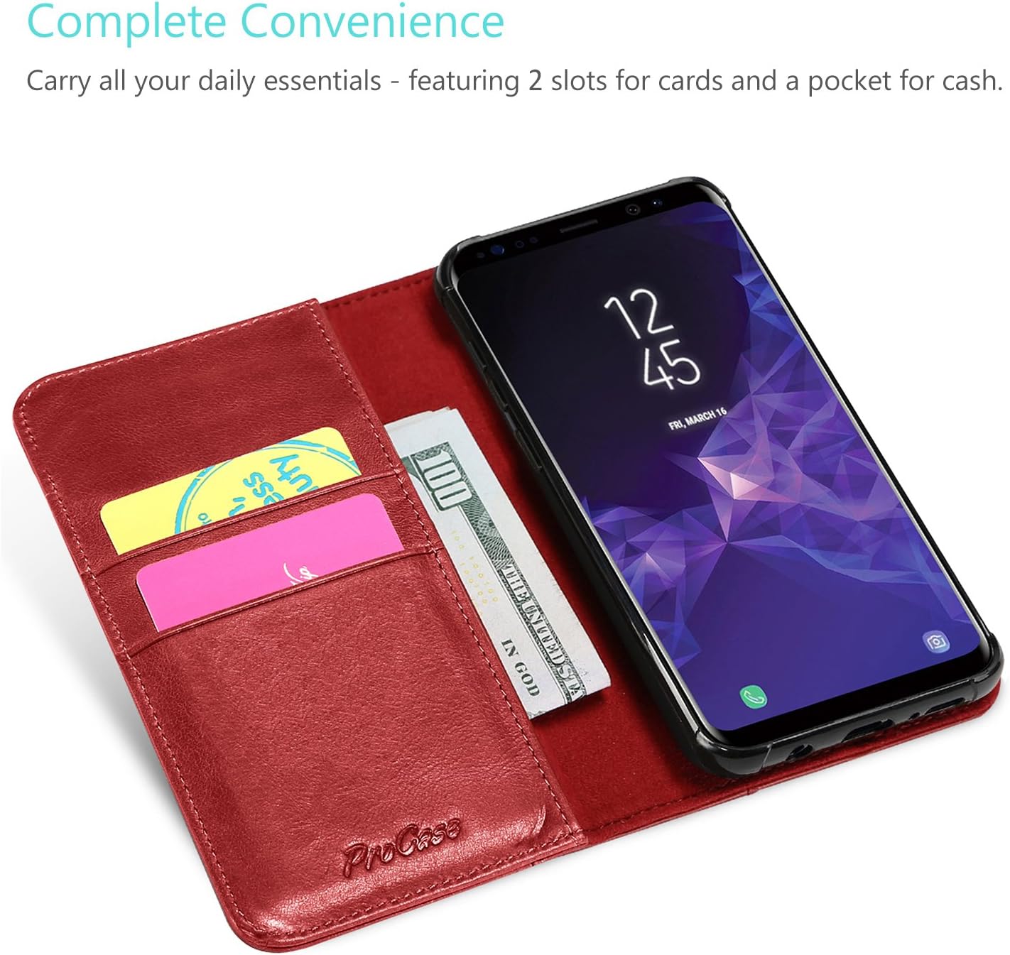 ProCase Galaxy S9 Plus Genuine Leather Case, Vintage Wallet Folding Flip Case with Kickstand, Card Holder, Magnetic Closure Protective Cover for Galaxy S9+ 2018 Release -Red