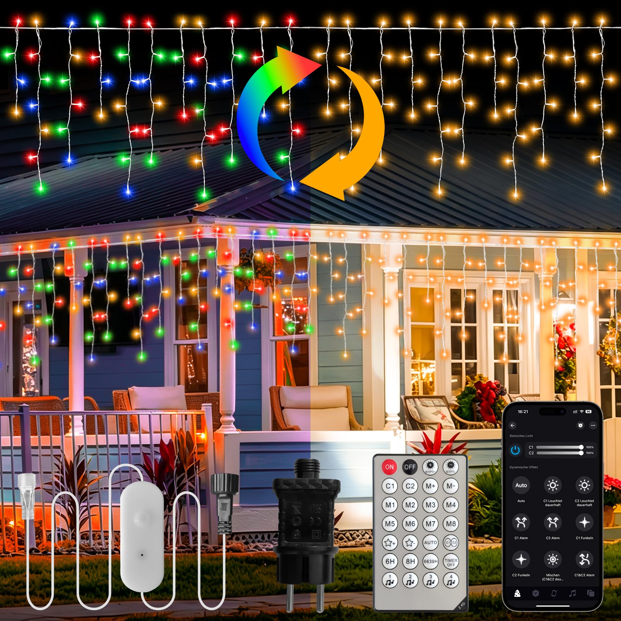SHUNLEE Guirlande Stalactite Exterieur/Intérieur avec APP (Rgb/Chaud, 10M)