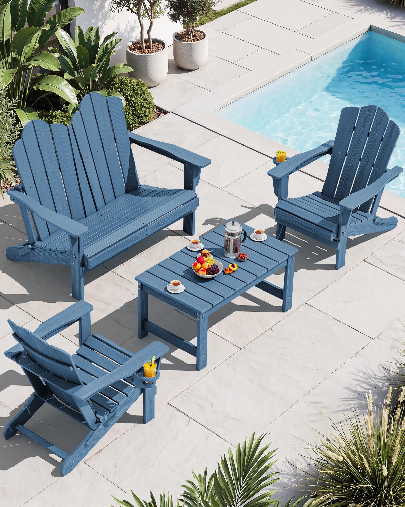 SERWALL 4-Pc HDPE Adirondack Set, 2 Chairs, 1 Bench &amp; 1 Coffee Table, Navy