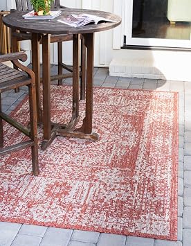 Unique Loom Outdoor Traditional Collection Area Rug - Timeworn 4 1" x 6 1" Rectangle, Rust Red/ Gray