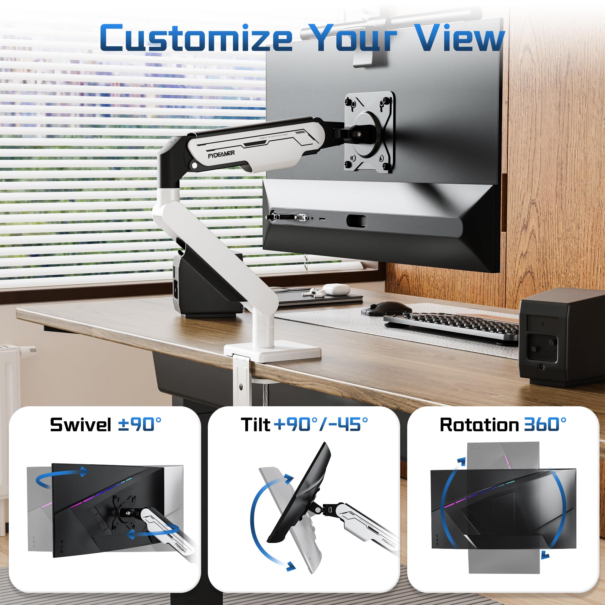 Fydeamer Braccio singolo per monitor, resistente supporto a molla a gas per schermi da 17-32 pollici fino a 9 kg, supporto da scrivania regolabile con movimento completo con compatibilità VESA 75 x 75