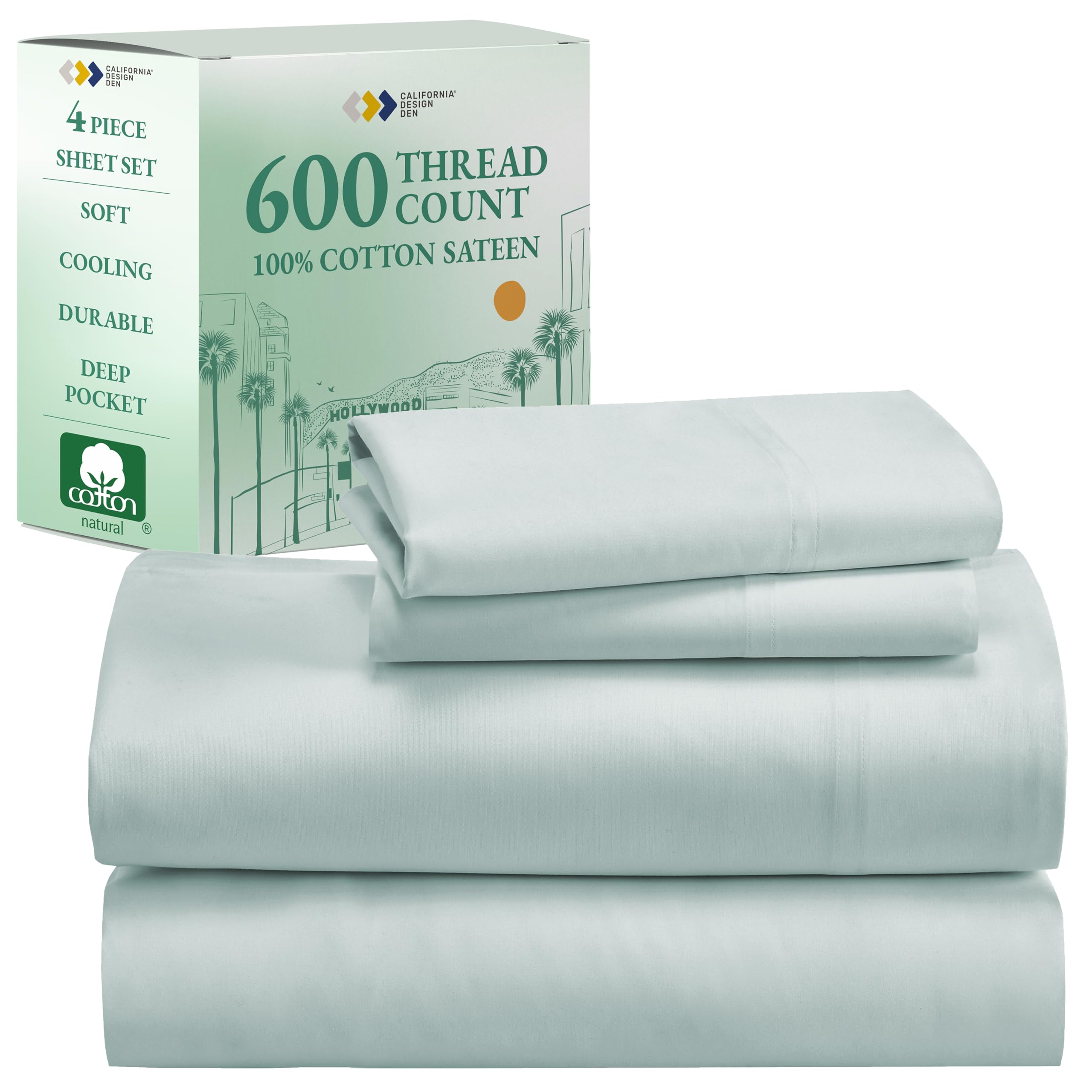- CALIFORNIA DESIGN DEN 5-Star Hotel 600 Thread Count 100% Cotton Sheets Set - Soft & Smooth Queen Sheet for Bed with Deep Pockets, Quality Beats Egyptian Cotton Sheets and Pillowcases (Seafoam)