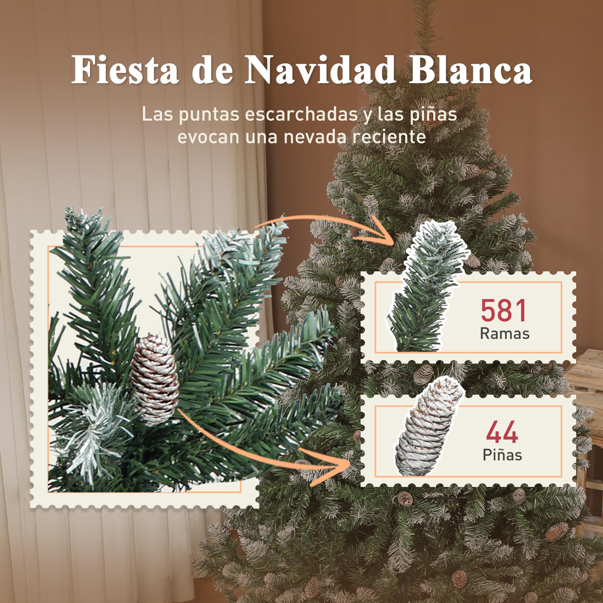 HOMCOM Árbol de Navidad Artificial 150 cm con 581 Ramas con Nieve Verde | Árbol de Navidad, 44 Piñas, Soporte Metálico Plegable, Fácil Montaje, Salón, Interior