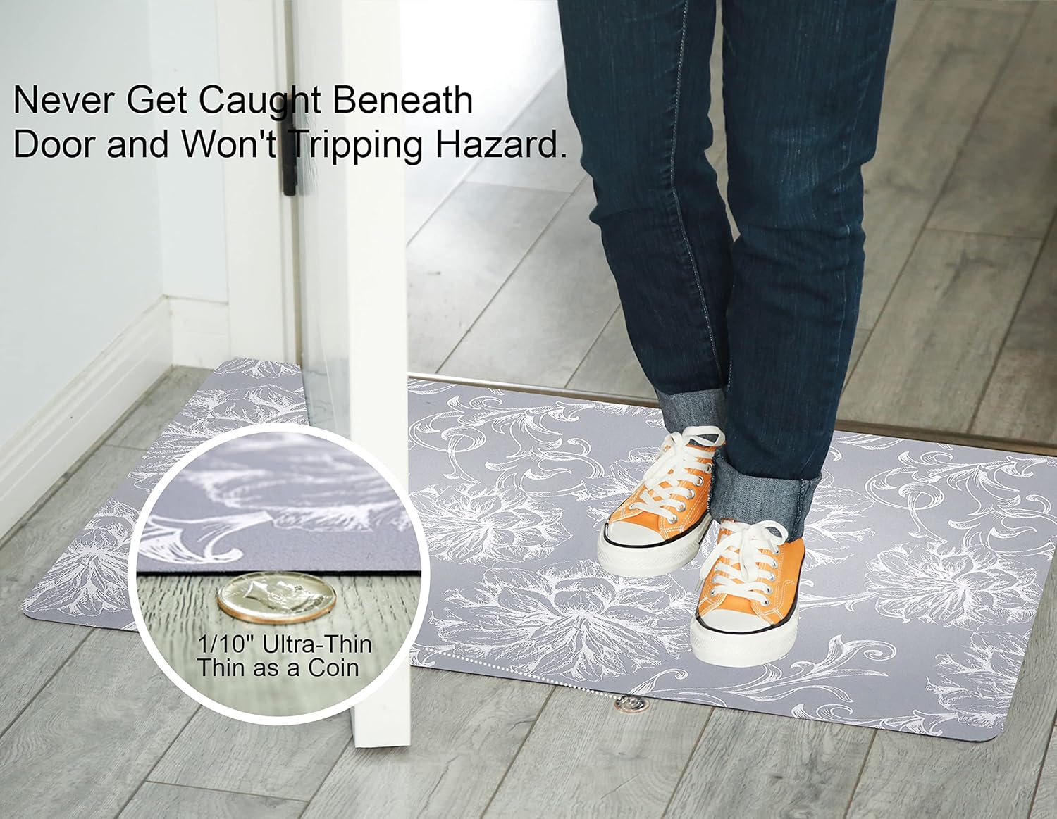 1/10 Inch Ultra Thin 24"×35" Large Front Door Mat Indoor Entrance Inside Non Slip, Waterproof Rubber Kitchen Mat and Interior Home Washable Door Mat, Baroque Grey - Image 2