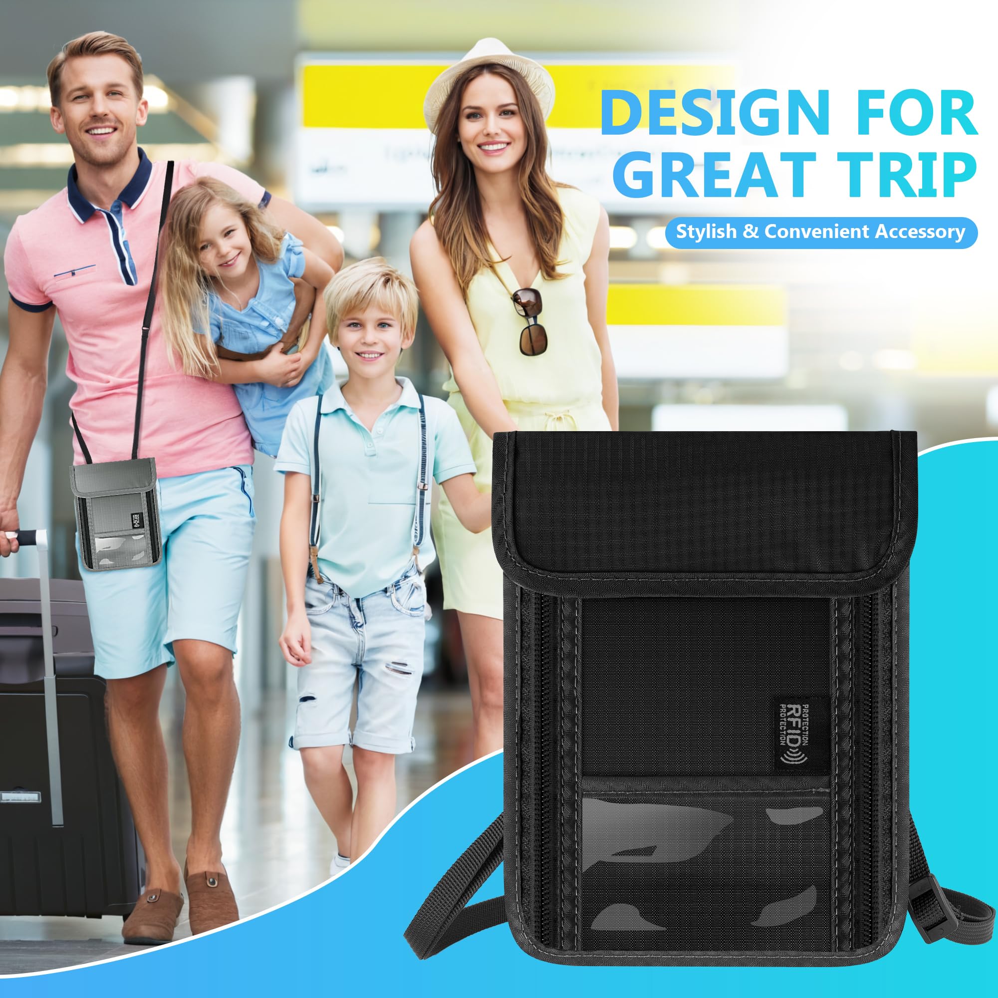 Pochette Tour de Cou Voyage Accessoires avec Bloqueur RFID Protege Passeport Portefeuilles