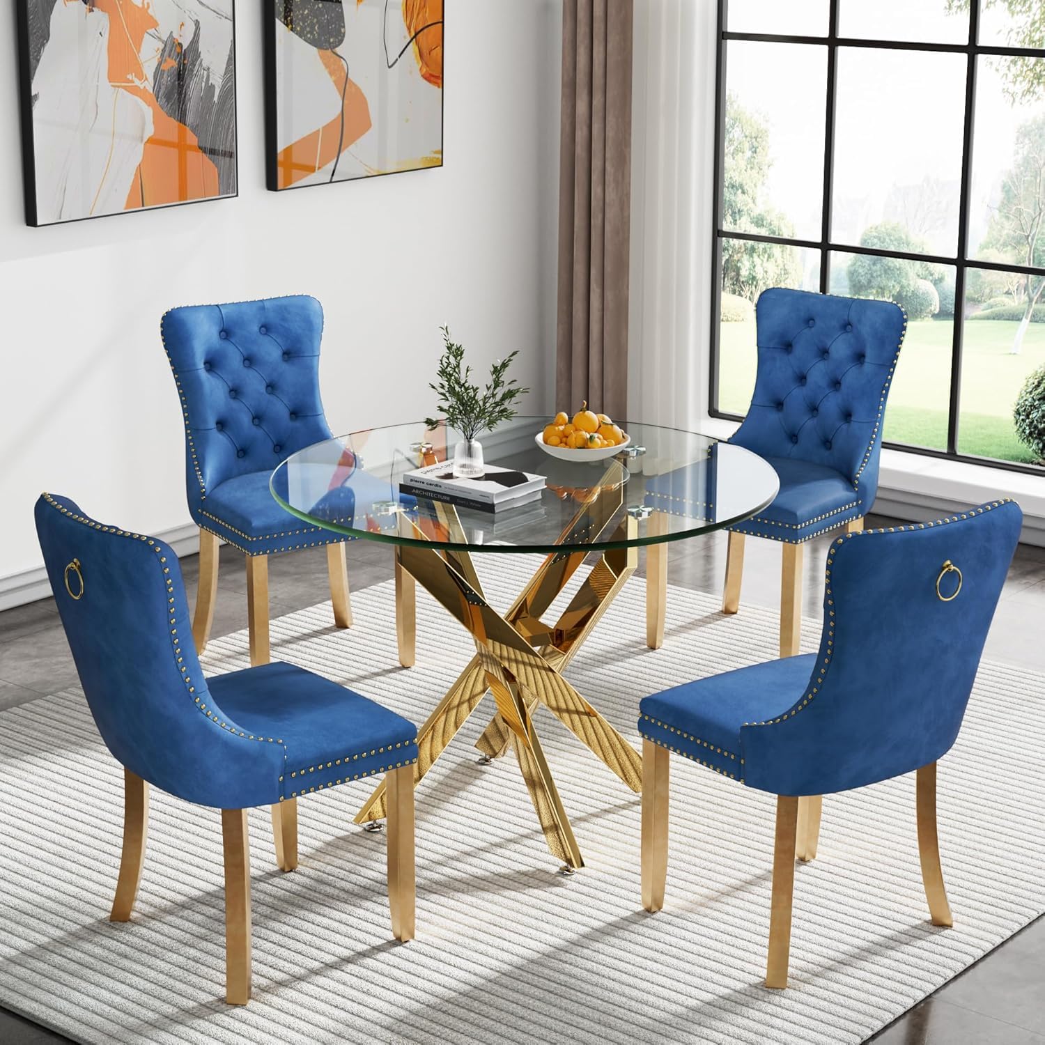 KUVADAZ 36" Luxury Glass Dining Table Set for 4, 5 Piece Dining Room Table with 4 Blue Tufted Chairs, Modern Round Dining Table with Chrome Metal