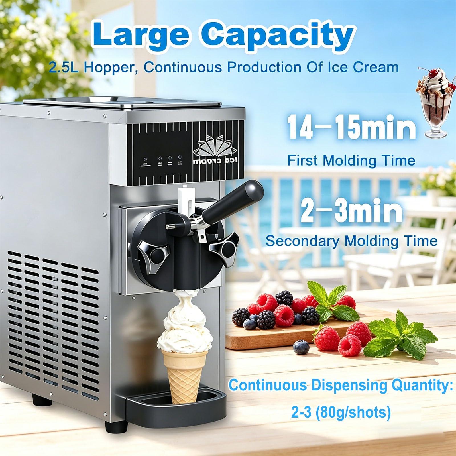Sweet Sundae - Macchina per Gelato, Gelatiera, 2.5 L, Compressore Autoraffreddante, 450 W, Sistemas di Erogazione, Pulizia Automatica, Acciaio Inox Grey
