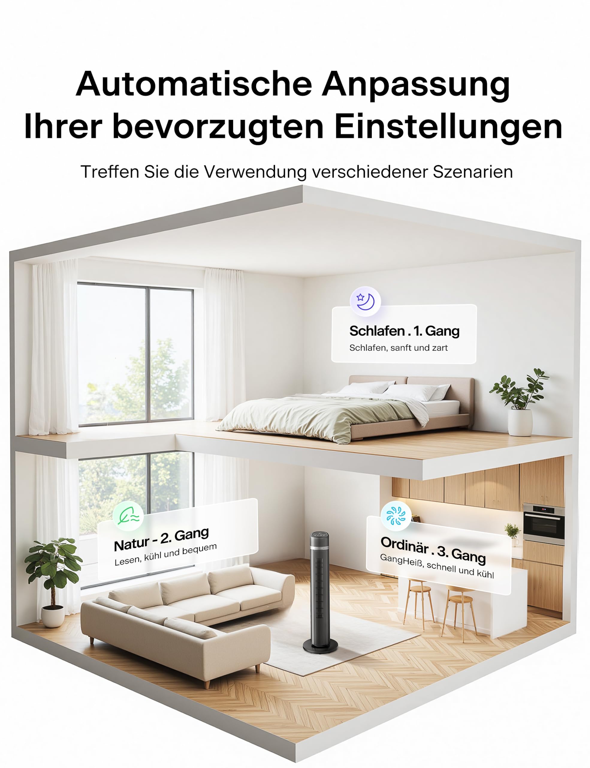 Pelonis Turmventilator 40 Zoll 102CM mit Fernbedienung, 7m/s Tower Fan 90° Oszillation, 15-Std-Timer, 3 Geschwindigkeiten