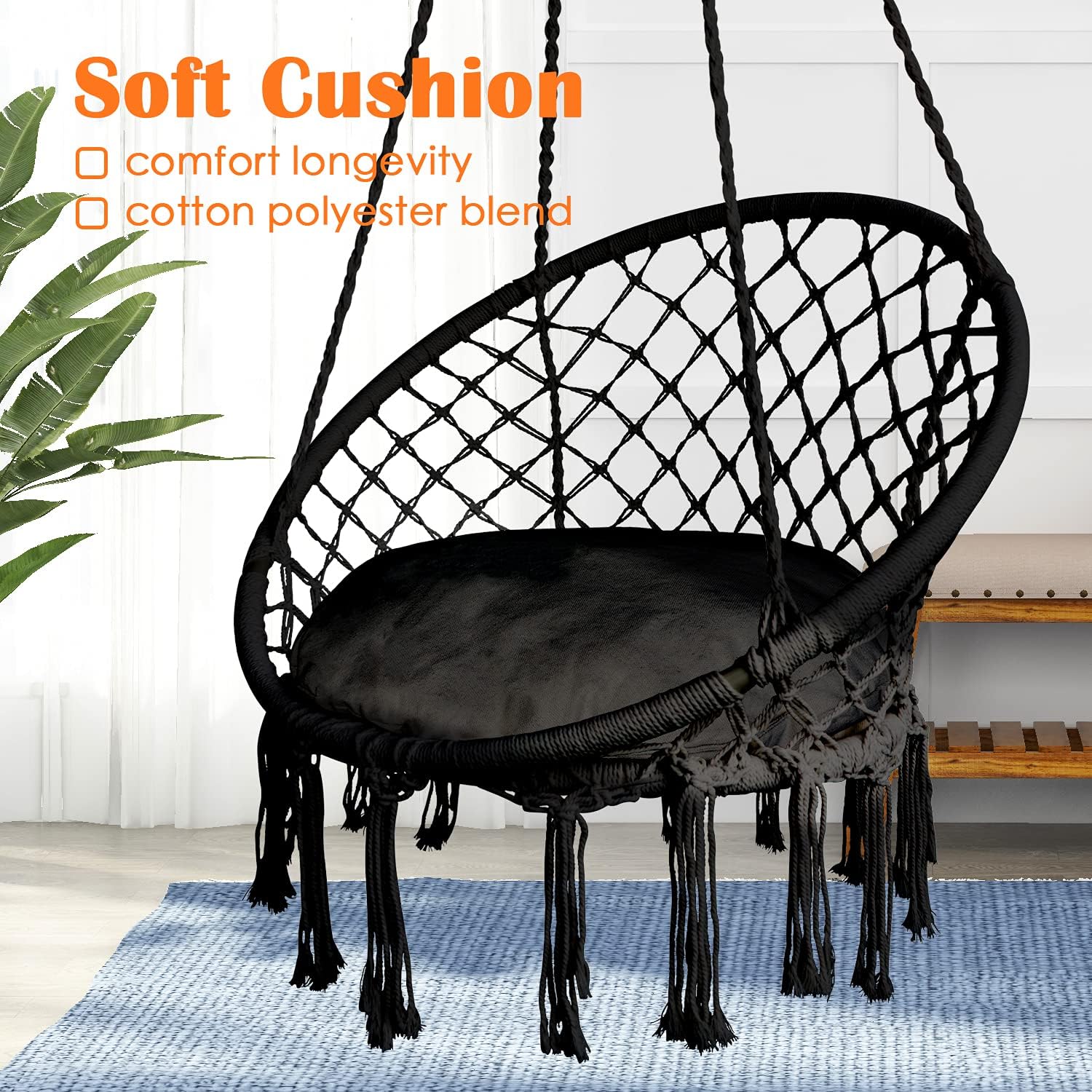 Hammock Chair Hanging Rope Swing with Hardware and Cushion, Handmade Knitted Mesh Hanging Chair with Macrame for Bedroom Patio Yard Garden, Max 330 Lbs, Black