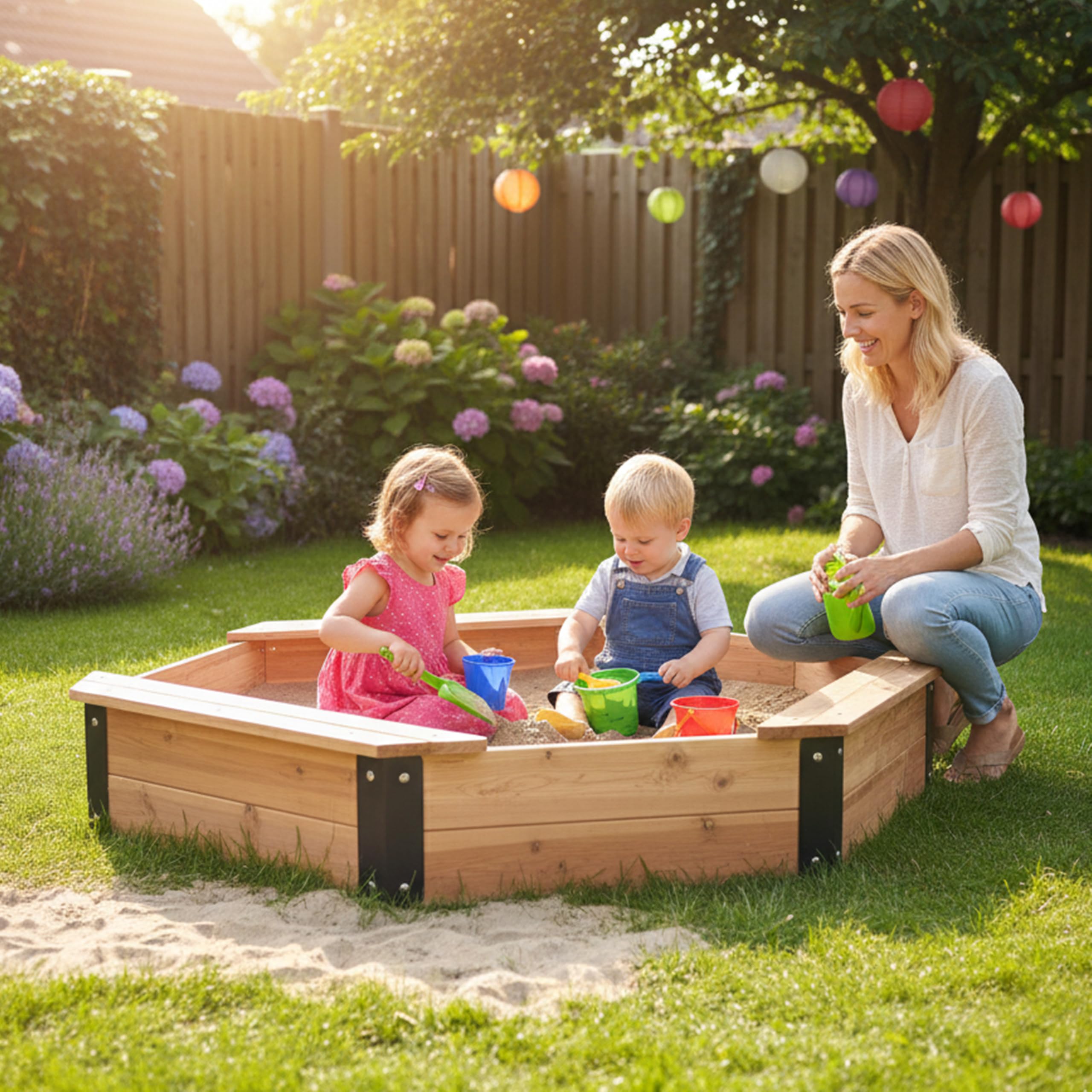 AXI Onno Sandkasten achteakig mit 4 Sitzbänken in Braun/Anthrazit | Sandkasten inklusive Abdeckung und Bodenvlies - FSC 100% Zedernholz | 200 x 200 x 23 cm - 5