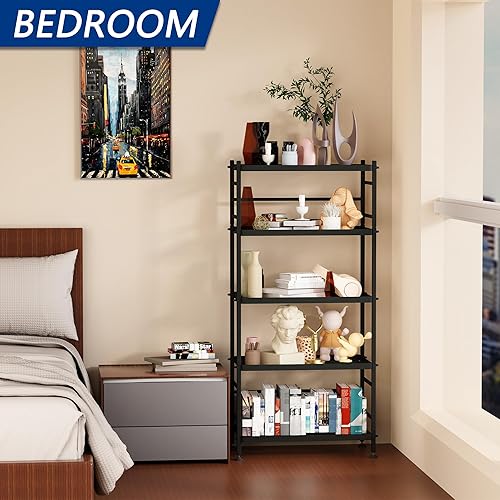 Miniatura 3 de Estantería de metal de 5 alambres para almacenamiento, estantes de almacenamiento de pie para lavandería, baño, cocina, despensa, armario (negro,