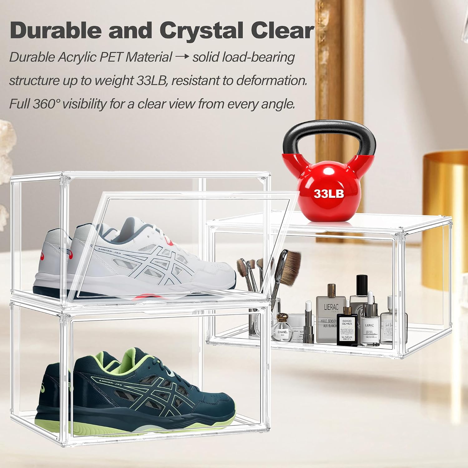 5 Pack Acrylic Shoe Box Size 14, Clear Plastic Stackable Sneaker Shoe Display Case Transparent Storage Bins Handbag Organizer Containers with Magnetic Lids, Figures Collectibles Showcase