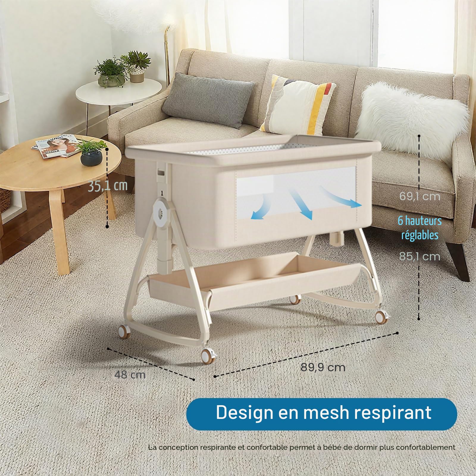 Next to Me Berceau de chevet 4 en 1 avec matelas, 6 hauteurs réglables, filet amovible, panier de rangement et table à langer, peut passer en berceau pour 0 à 3 ans (beige)