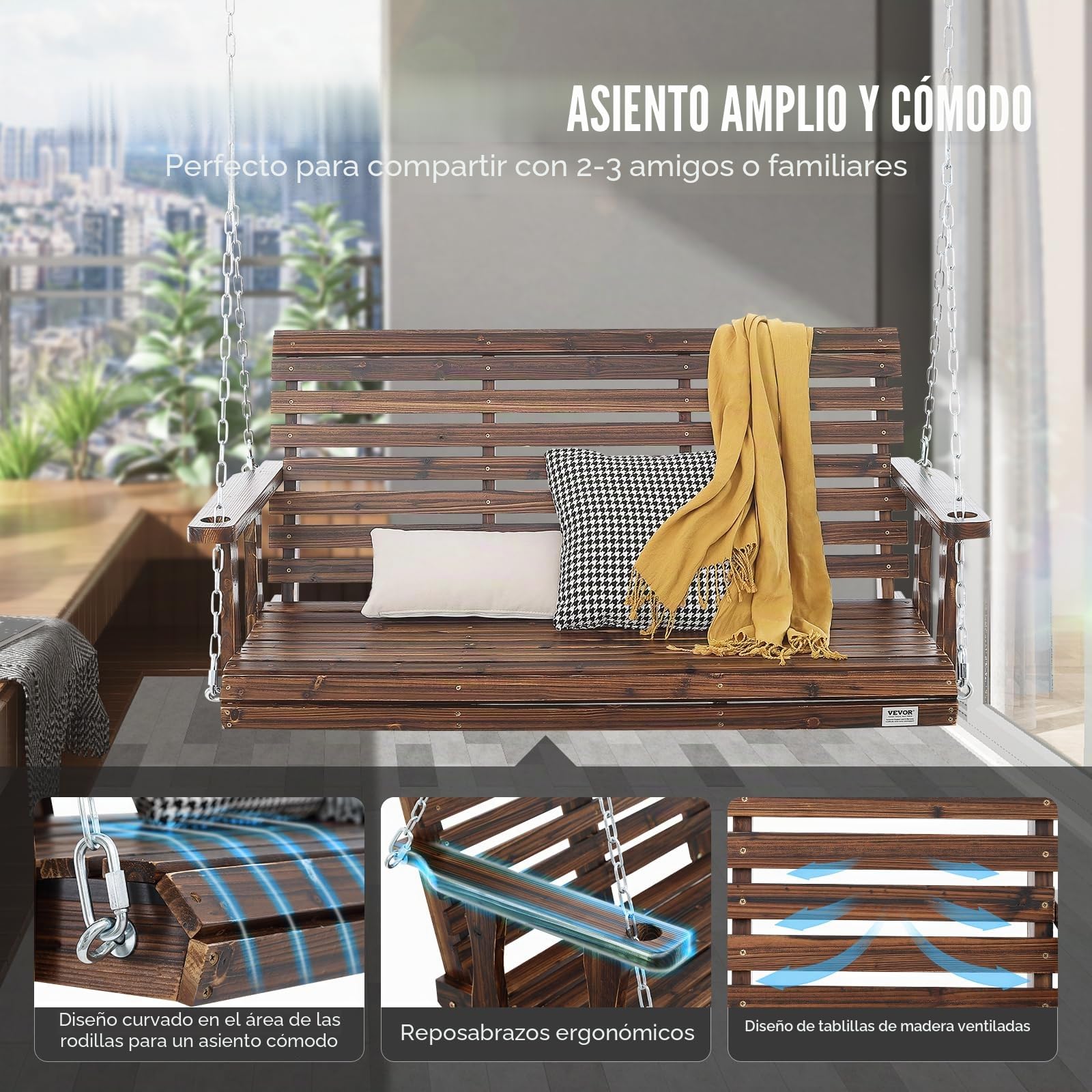 VEVOR Columpio de Madera para Porche de 4,5'', Columpio de Banco para Patio y Jardín, Capacidad de Carga Fuerte Mejorada de 880 Libras, Banco de Silla con Cadenas Colgantes, Marrón Carbonizado