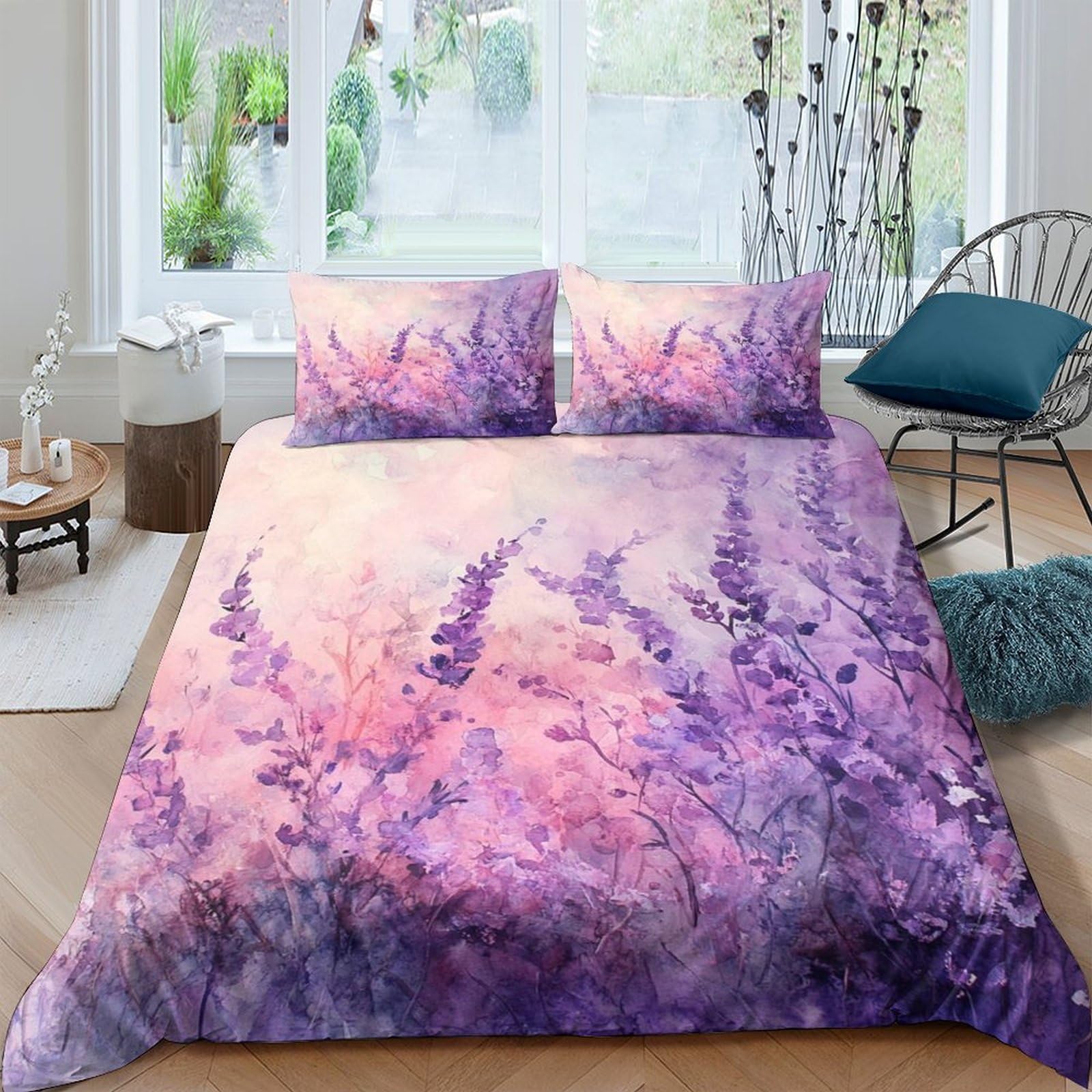 Ctjqhvkz Style-1 3D Printed Lavender Blossom Fitted Sheet Microfiber Soft Pink Purple Floral Mattress Cover Bedroom Decor Single（135X200cm）