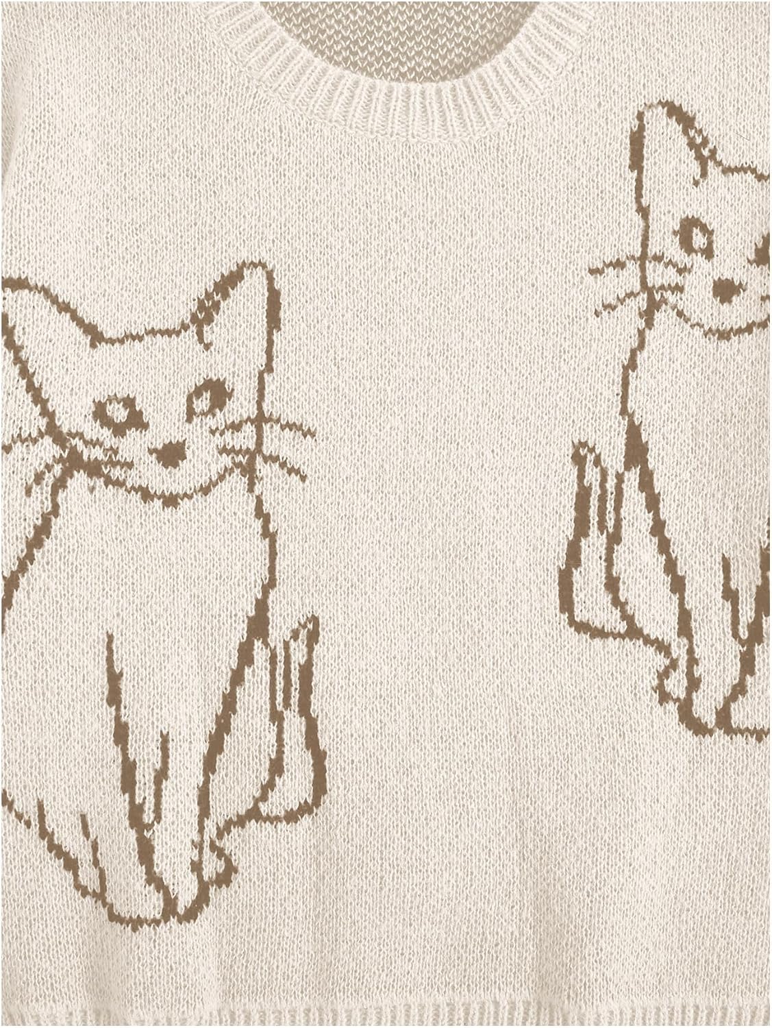 WDIRARA Women's Cartoon Cat Bishop Long Sleeve Round Neck Sweater Drop Shoulder Pullover Tops - Image 6