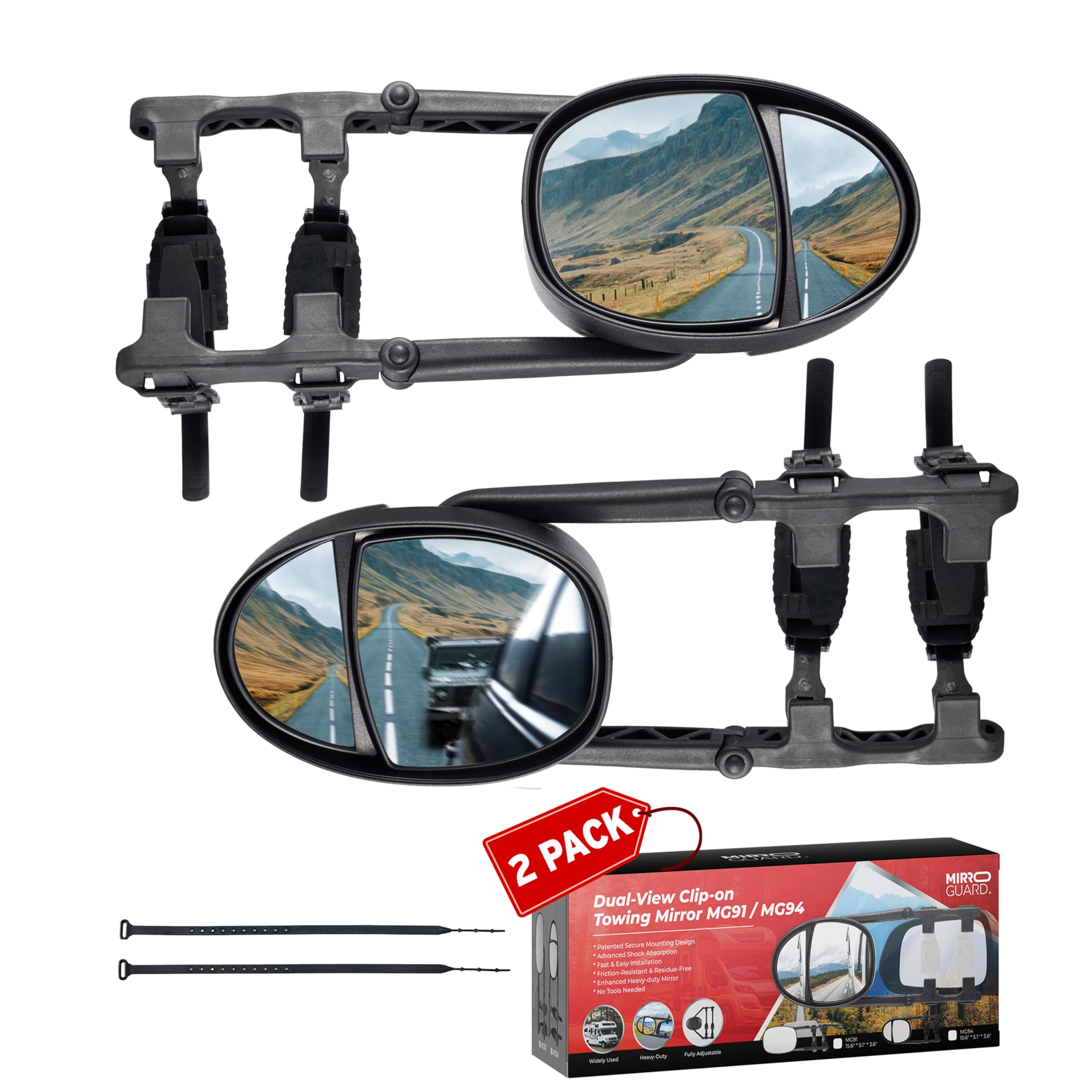 MirroGuard Extended Towing Mirrors, Universal Clip-On Side Mirror Extensions for Pickups, RVs, and Trailers, Tow Mirrors with Extenders (Model MG94)
