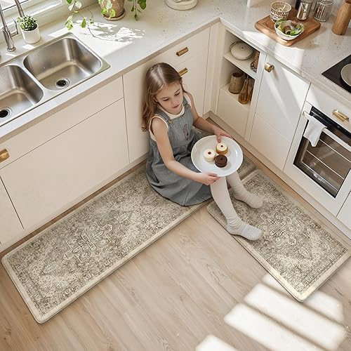 Vista 157 de KIMODE - Juego de 2 tapetes de cocina antifatiga, estilo vintage, antideslizantes, impermeables, ergonómicos, acolchados, cómodos para lavandería