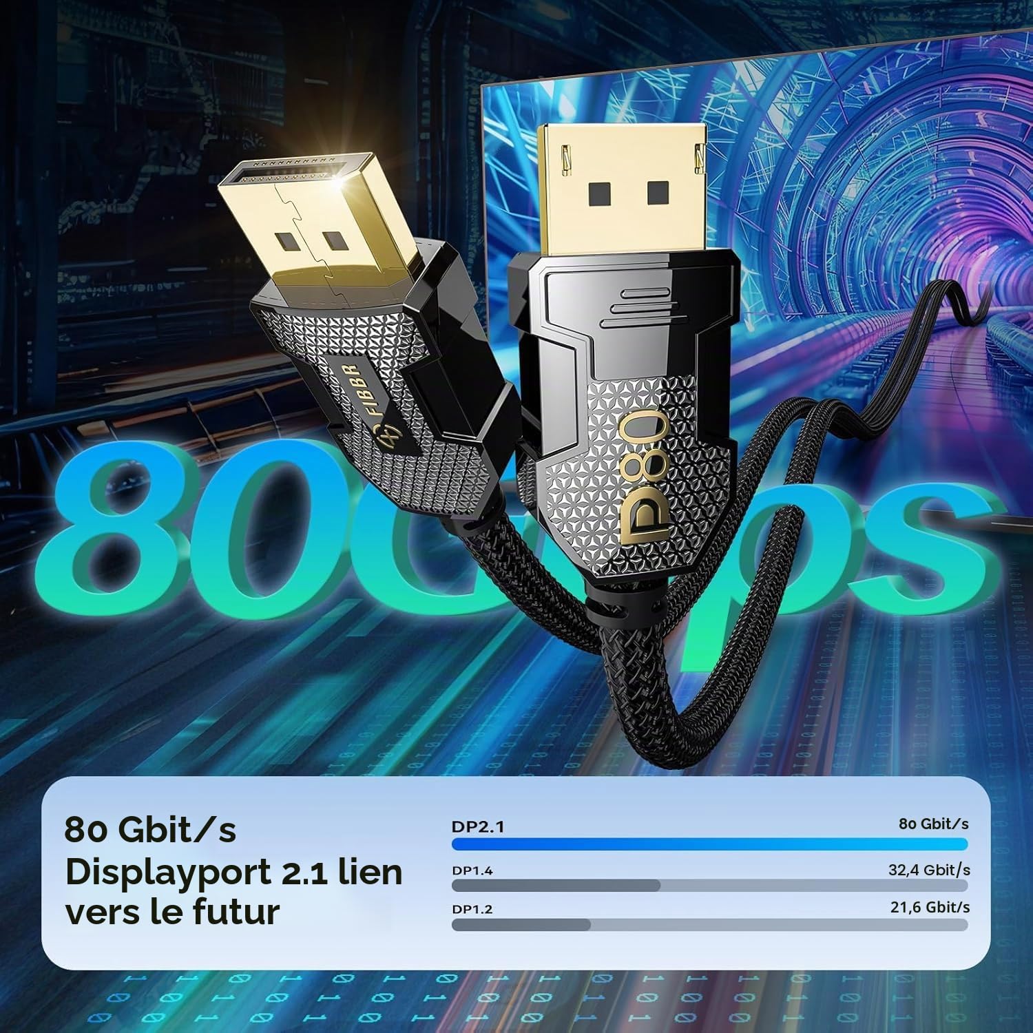 FIBBR 80Gbps Câble Displayport 2M, [VESA Certifié] Displayport 2.1 Câble Cuivre, 16K@60Hz 8K@240Hz 4K@540Hz Support 3D, HDR, Haute Vitesse DP Câble Convient pour Moniteur de Jeu, RTX 5090, RX 9070